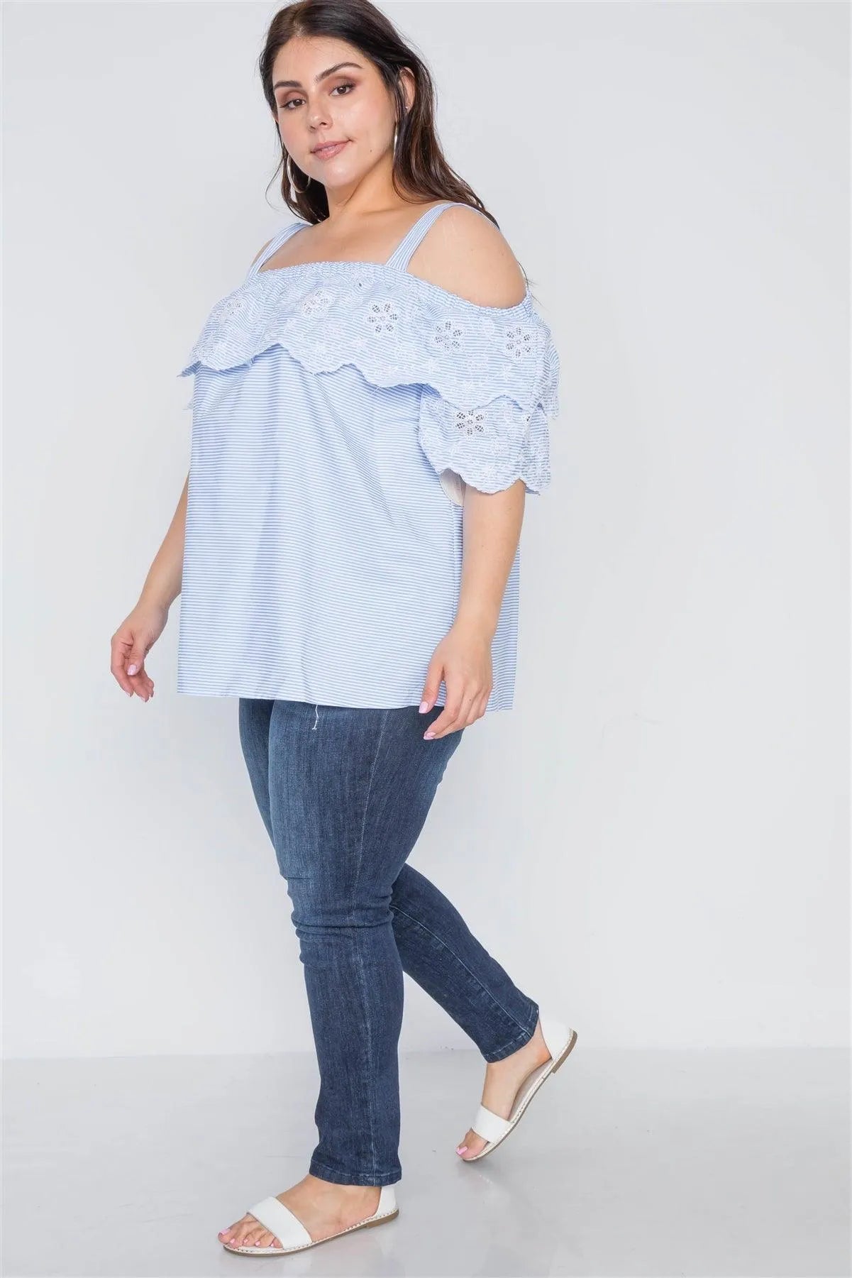 Plus Size Blue White Stripe Floral Embroidery Boho Top /2-2-2 - Tasha Apparel Wholesale