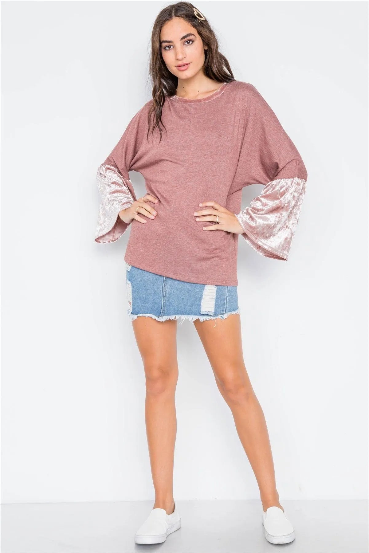 Rust Combo Velvet Sleeves Sweater /2-2-2 - Tasha Apparel Wholesale