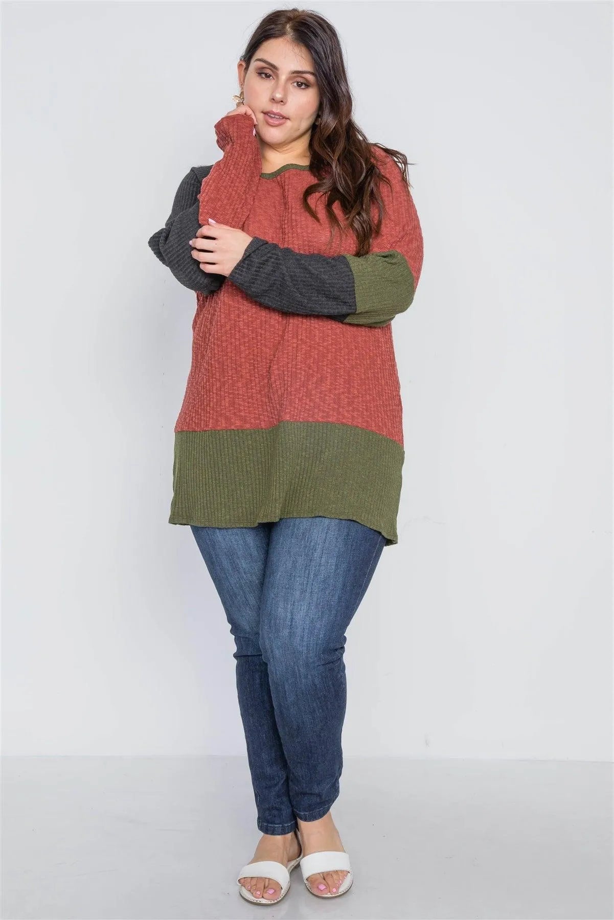 Plus Size Rust Olive Color Block Knit Sweater /2-2-2 - Tasha Apparel Wholesale