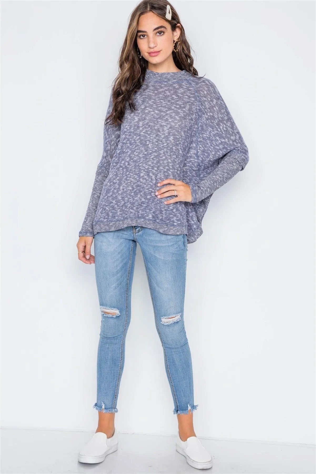 Navy Heathered Dolman Sleeves Knit Top - Tasha Apparel Wholesale