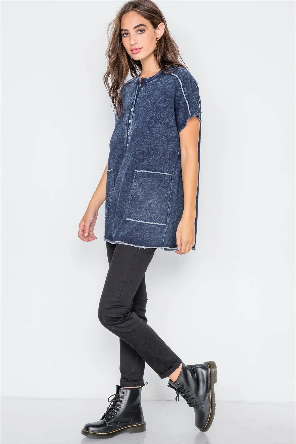 Denim Color Short Sleeve Knit Top / 2-2-2 - Tasha Apparel Wholesale