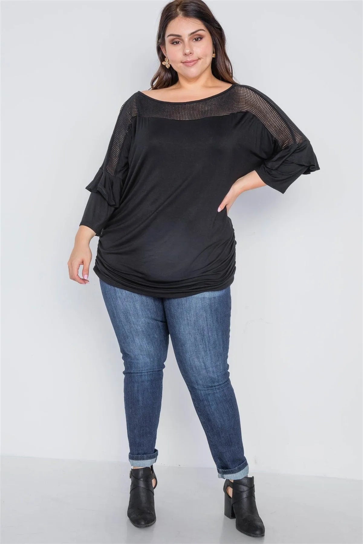 Plus Size Black Net Combo 3/4 Sleeve Top /2-2-2 - Tasha Apparel Wholesale