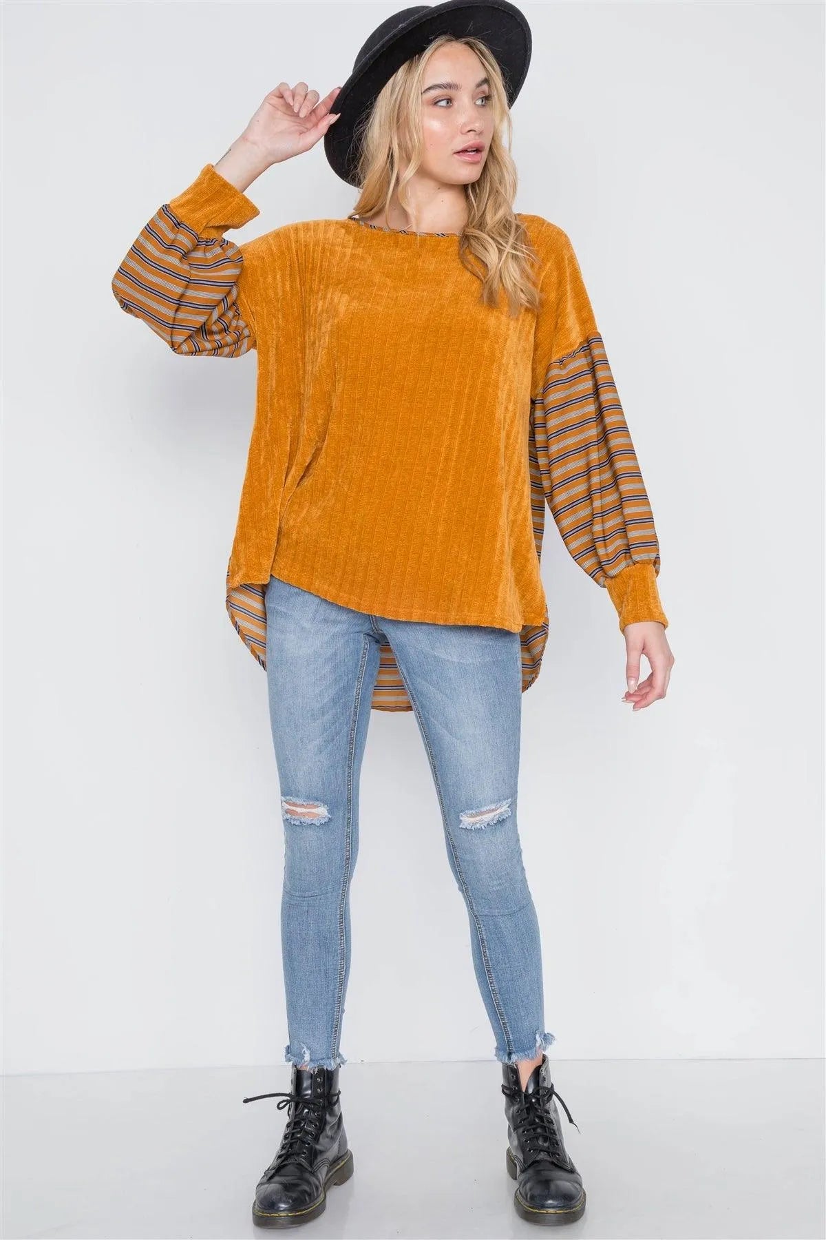 Mustard Long Sleeves Horizontal Stripes Top /2-2-2 - Tasha Apparel Wholesale
