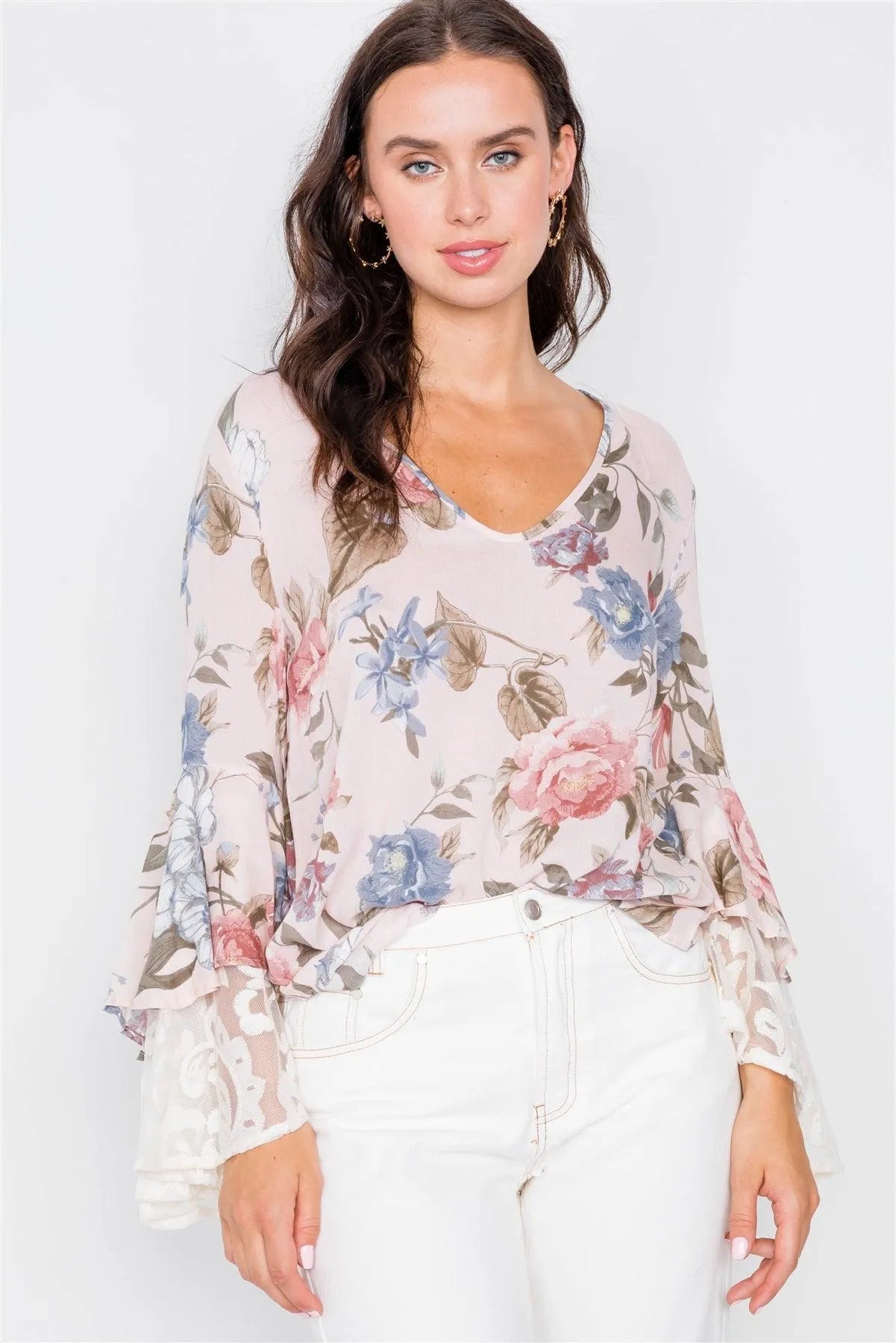 Blush & Floral Print Sheer Layered Trumpet Sleeve Blouse - Tasha Apparel Wholesale