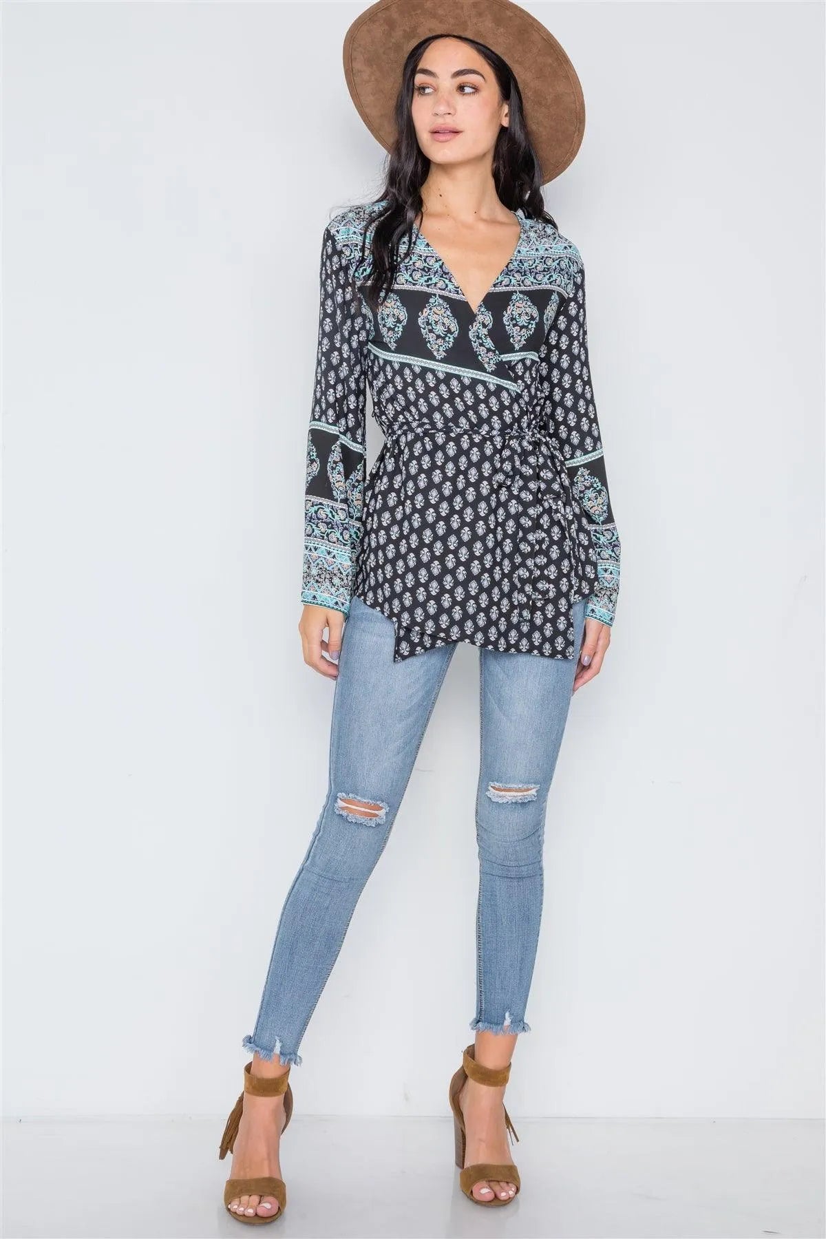 Black Turquoise Long Kimono Sleeves Wrap Top /2-2-2 - Tasha Apparel Wholesale