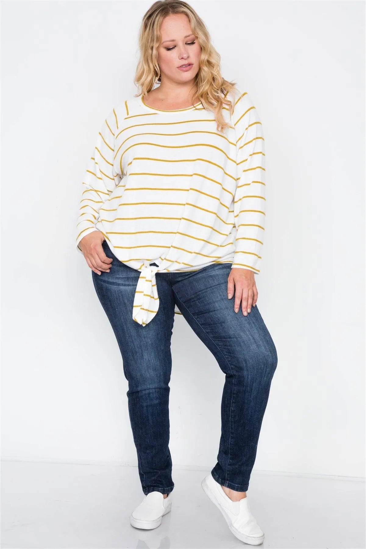 Plus Size Ivory Mustard Stripe Soft Long Sleeve Top - Tasha Apparel Wholesale