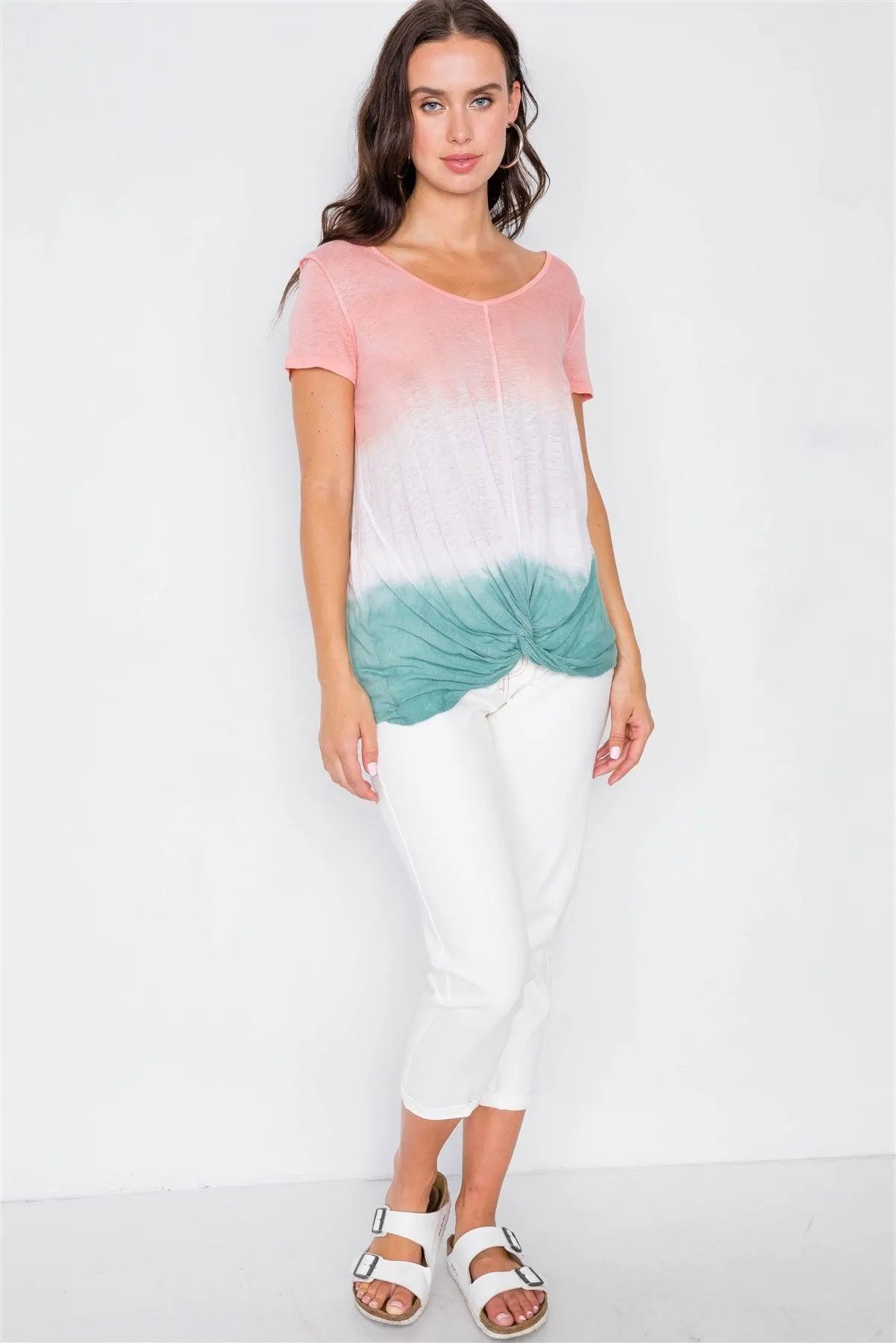 Coral Jade Dip Dye Front Tie Short Sleeve Semi-Sheer Tee / 3-2-2 - Tasha Apparel Wholesale