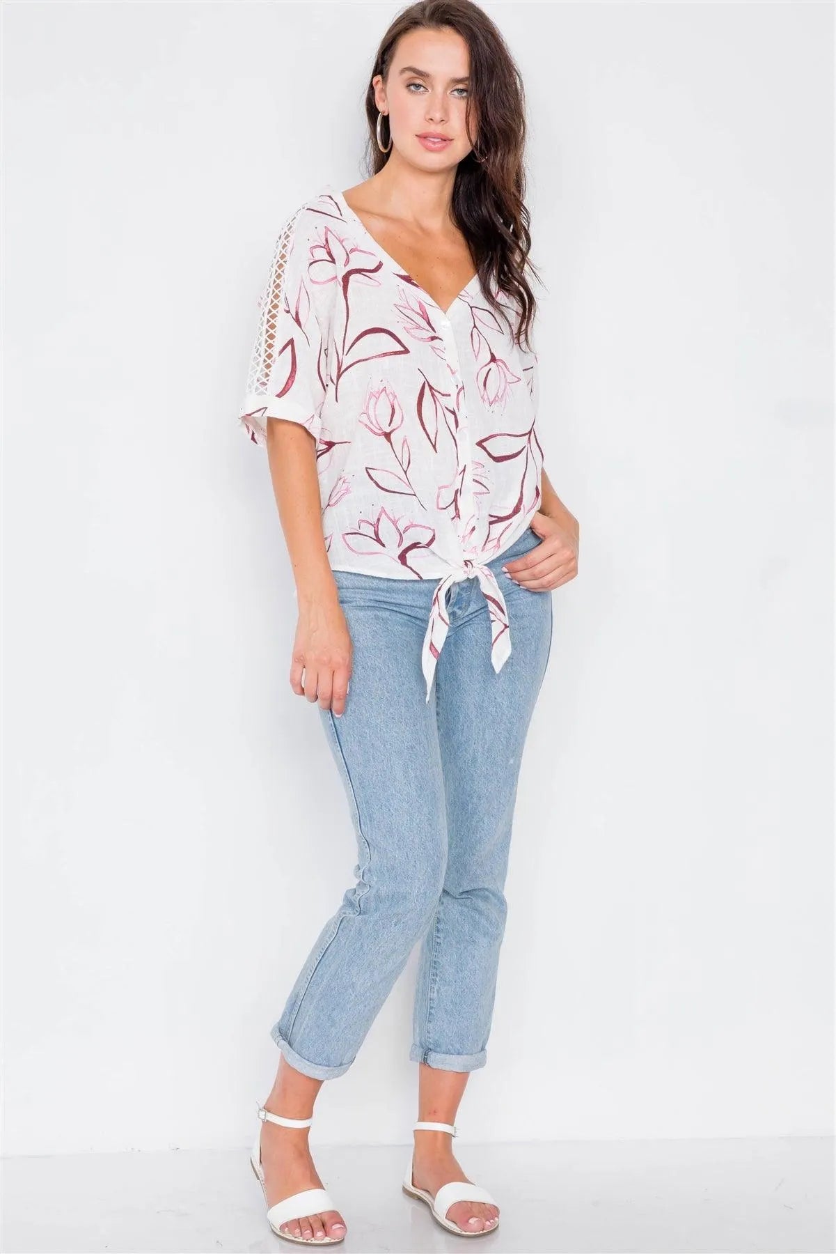 White Mauve Floral Paint Print High-Low Short Sleeve Top / 2-2-2 - Tasha Apparel Wholesale