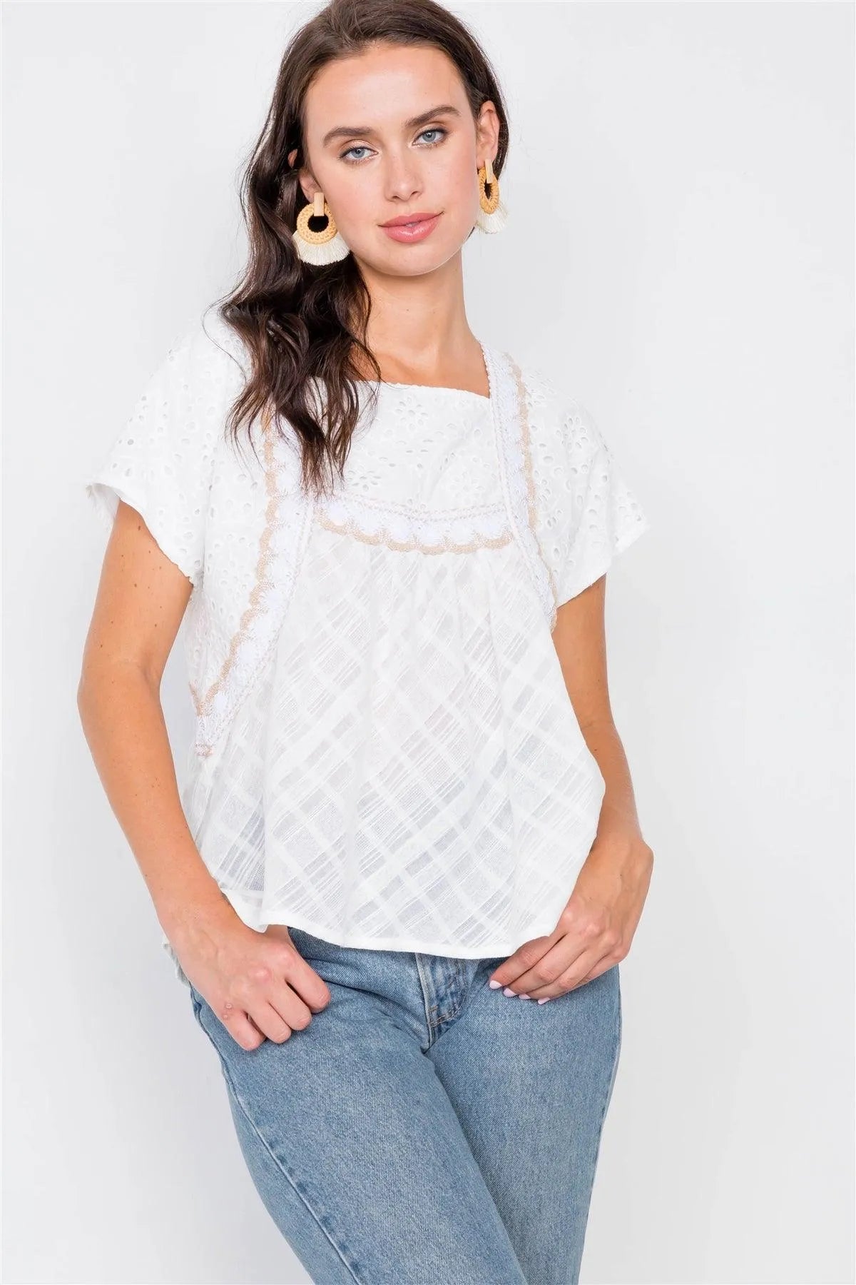 Ivory Floral Eyelet Square Neck High-Low Top - Tasha Apparel Wholesale