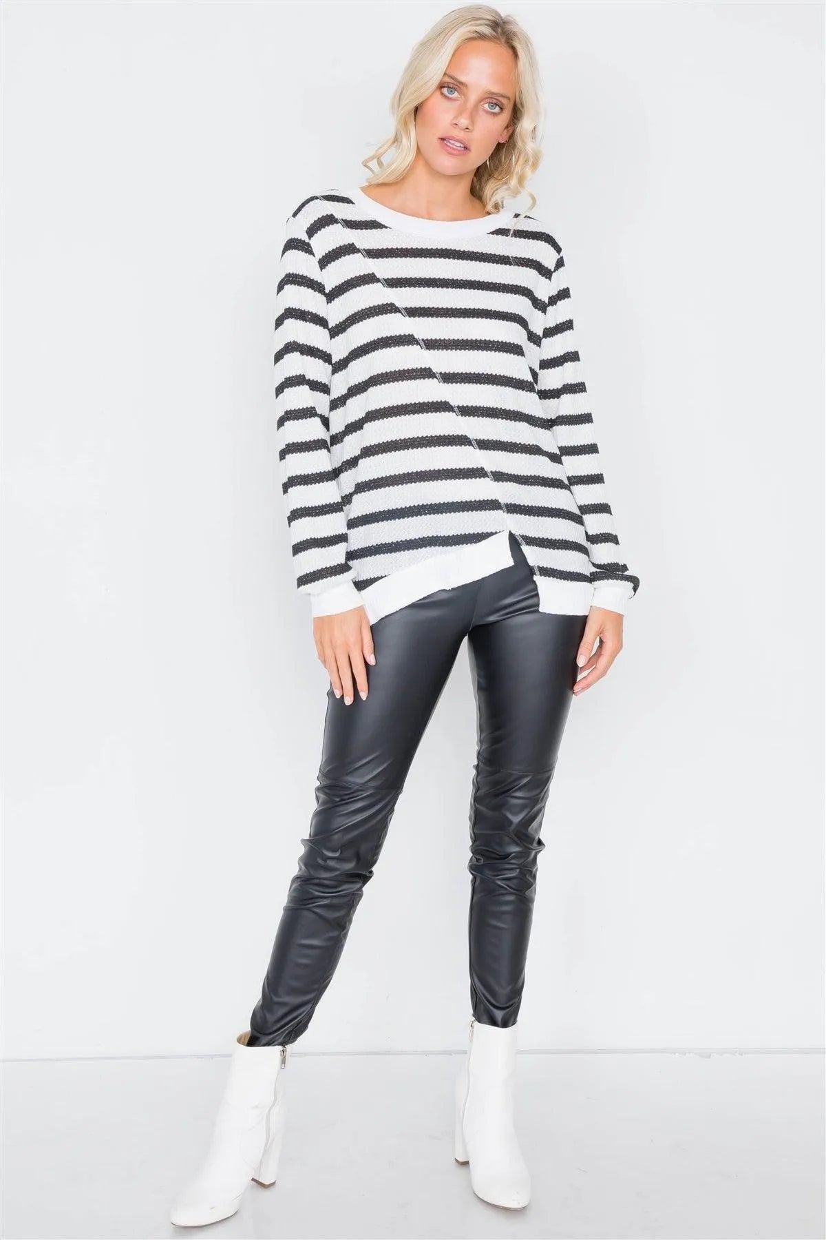 Black & Off-White Glitter High-Low Cut Long Sleeve Semi-Sheer Top /2-2-2 - Tasha Apparel Wholesale