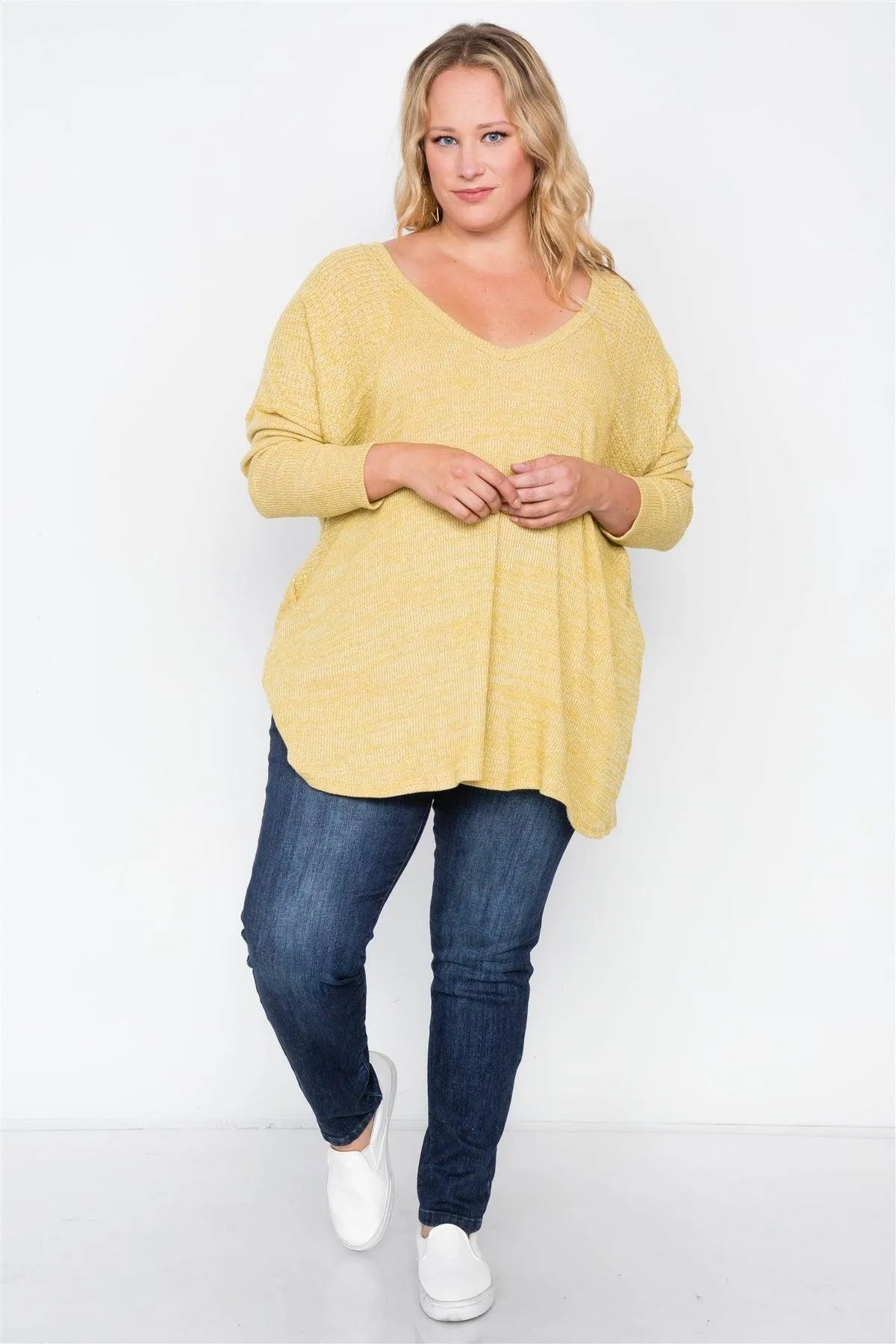 Plus Size Mustard Knit Long Sleeve Top - Tasha Apparel Wholesale