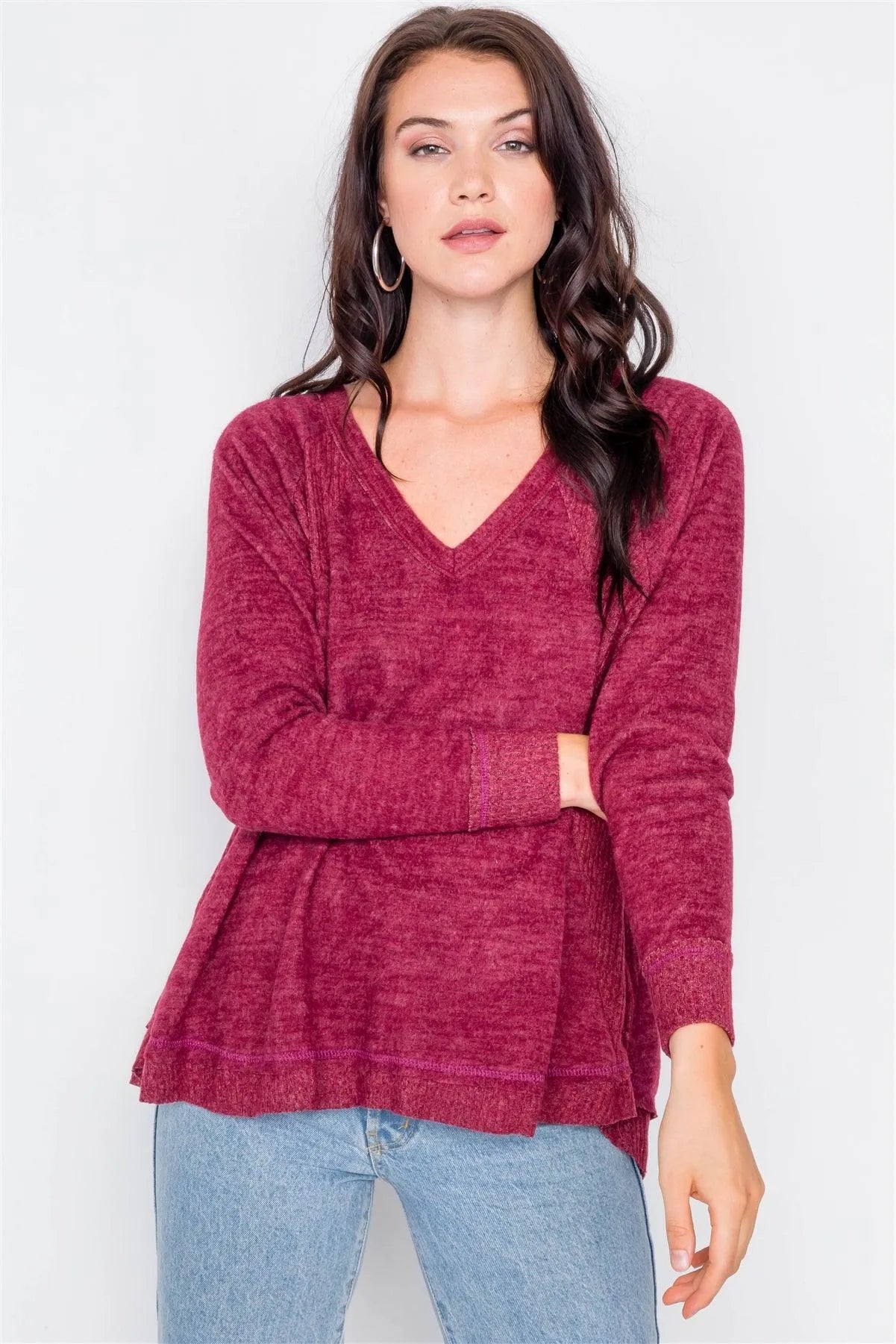 Burgundy V-Neck Contrast Fabric Raw Hem Oversize Sweater /2-2 - Tasha Apparel Wholesale
