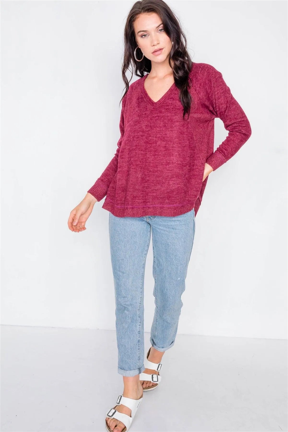 Burgundy V-Neck Contrast Fabric Raw Hem Oversize Sweater /2-2-2 - Tasha Apparel Wholesale