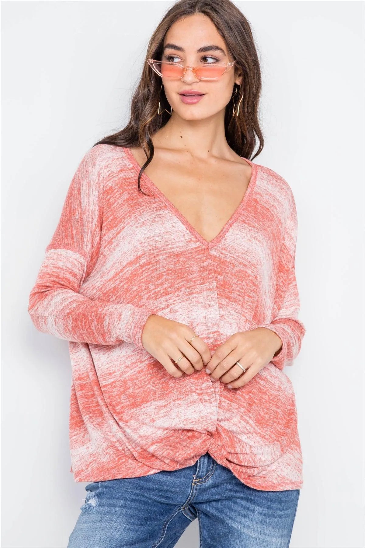 Coral Deep V-Neck Front-Twist Sweater /1-2-2 - Tasha Apparel Wholesale