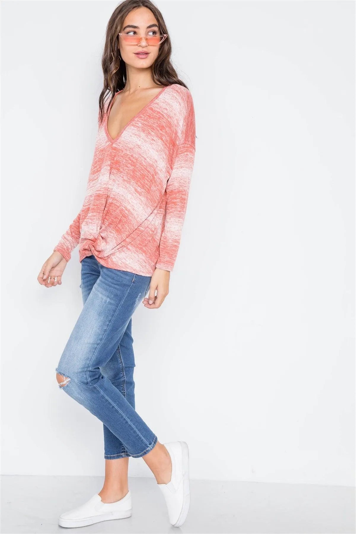 Coral Deep V-Neck Front-Twist Sweater /2-2-2 - Tasha Apparel Wholesale
