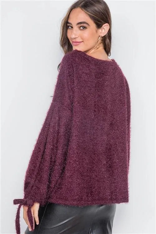 Violet Fuzzy Slit Sleeves Casual Soft Sweater - Tasha Apparel Wholesale