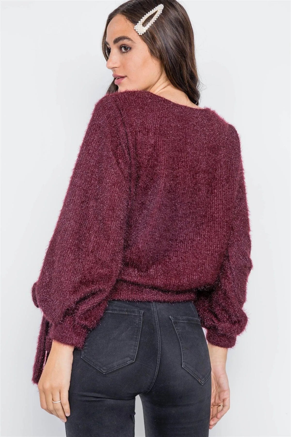 Violet Fuzzy Long Sleeve Surplice Sweater /1-2-2 - Tasha Apparel Wholesale