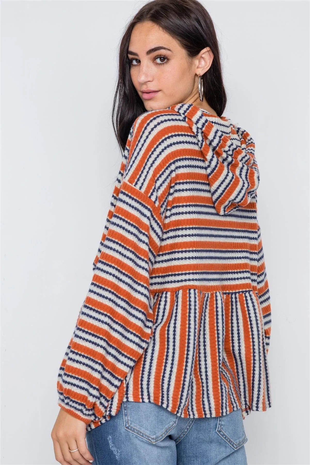 Rust Navy Stripe Long Sleeve Hooded Soft Sweater /2-2 - Tasha Apparel Wholesale
