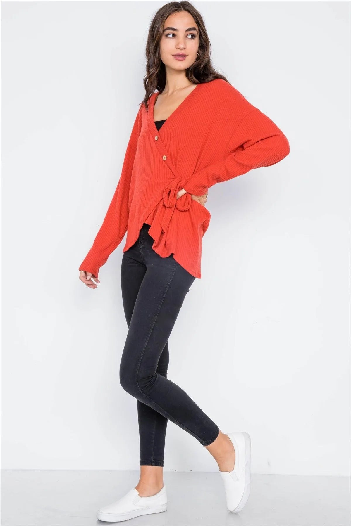 Orange Red Front-Tie Ribbed Surplice Neck Sweater - Tasha Apparel Wholesale
