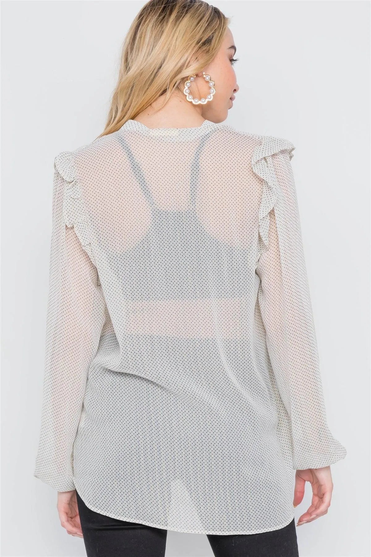 Ivory Polka Dot Long Sleeve Chiffon Ruffle Top /1-1-2 - Tasha Apparel Wholesale