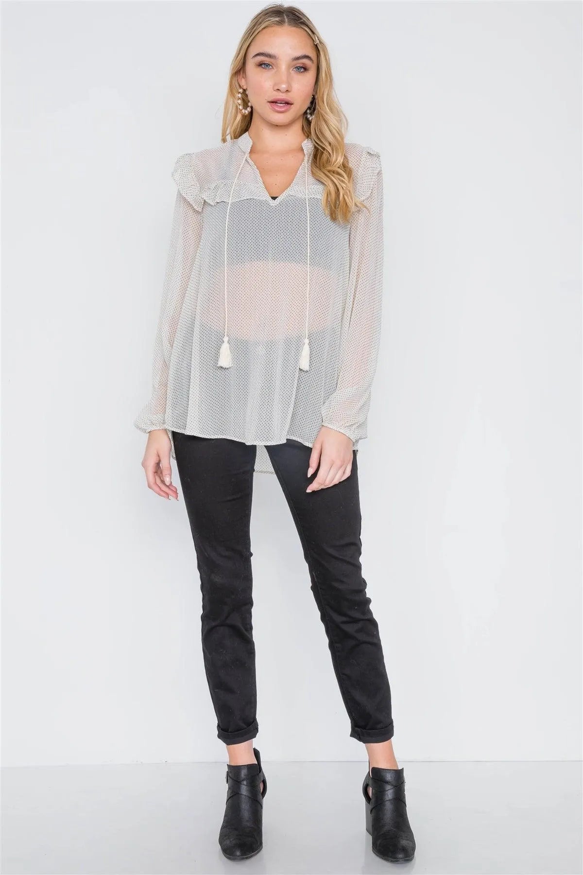 Ivory Polka Dot Long Sleeve Chiffon Ruffle Top /2-2-2 - Tasha Apparel Wholesale