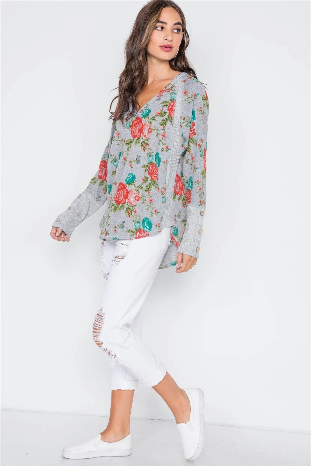 Grey Floral Print Knit V-Neck Top - Tasha Apparel Wholesale