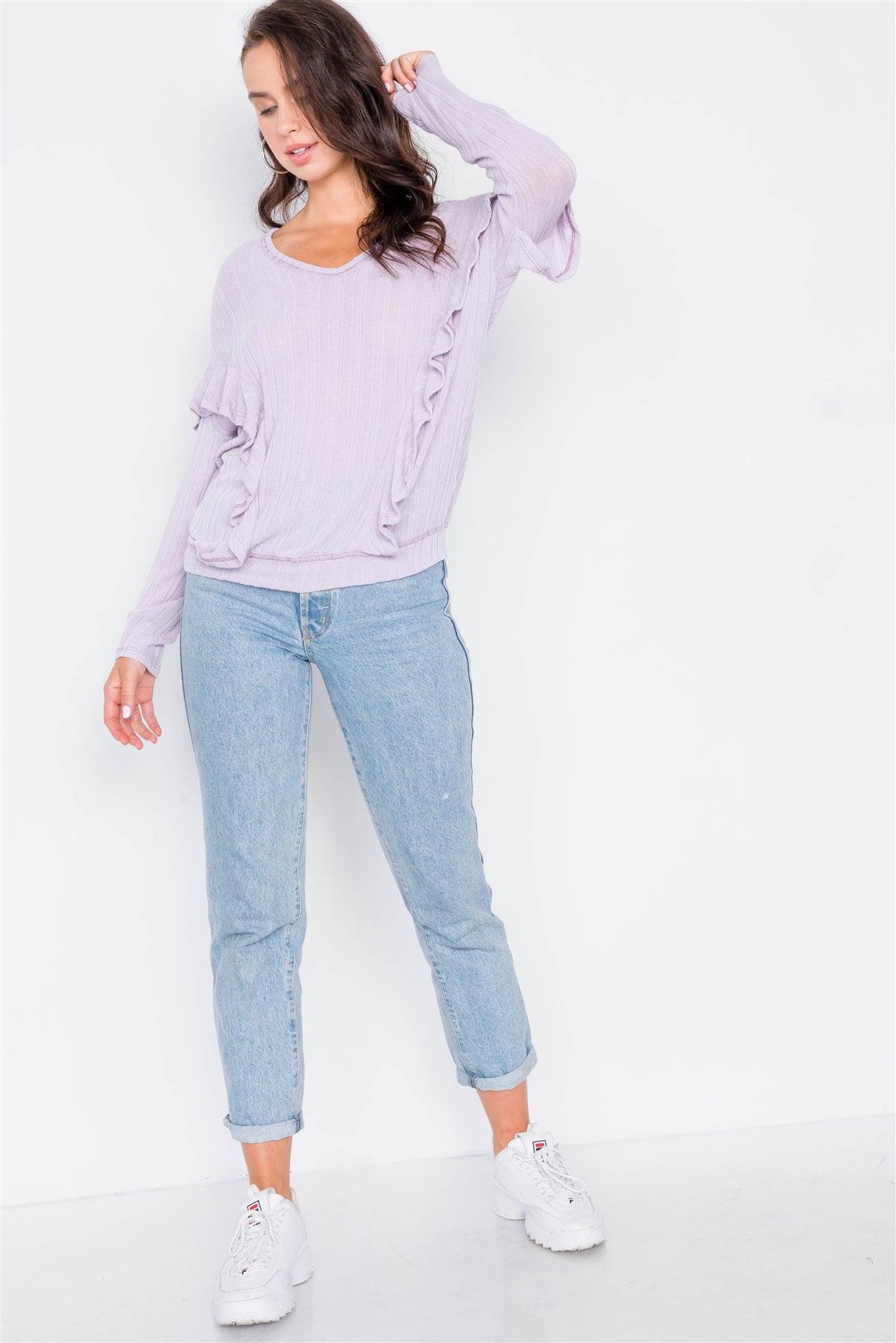 Lavender Relaxed Fit Ribbed Knit Long Sleeve Top