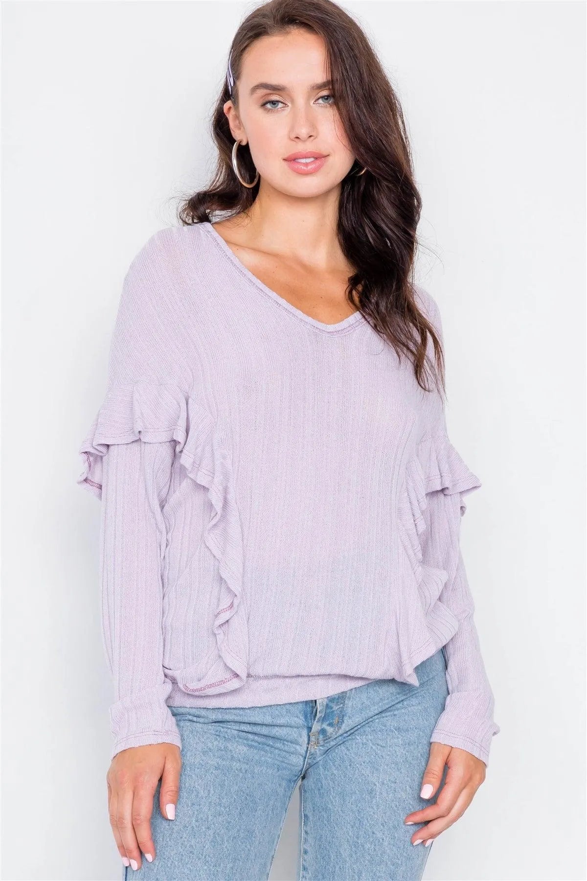 Relaxed Fit Ribbed Knit Long Ruffle Sleeve Top - Tasha Apparel Wholesale