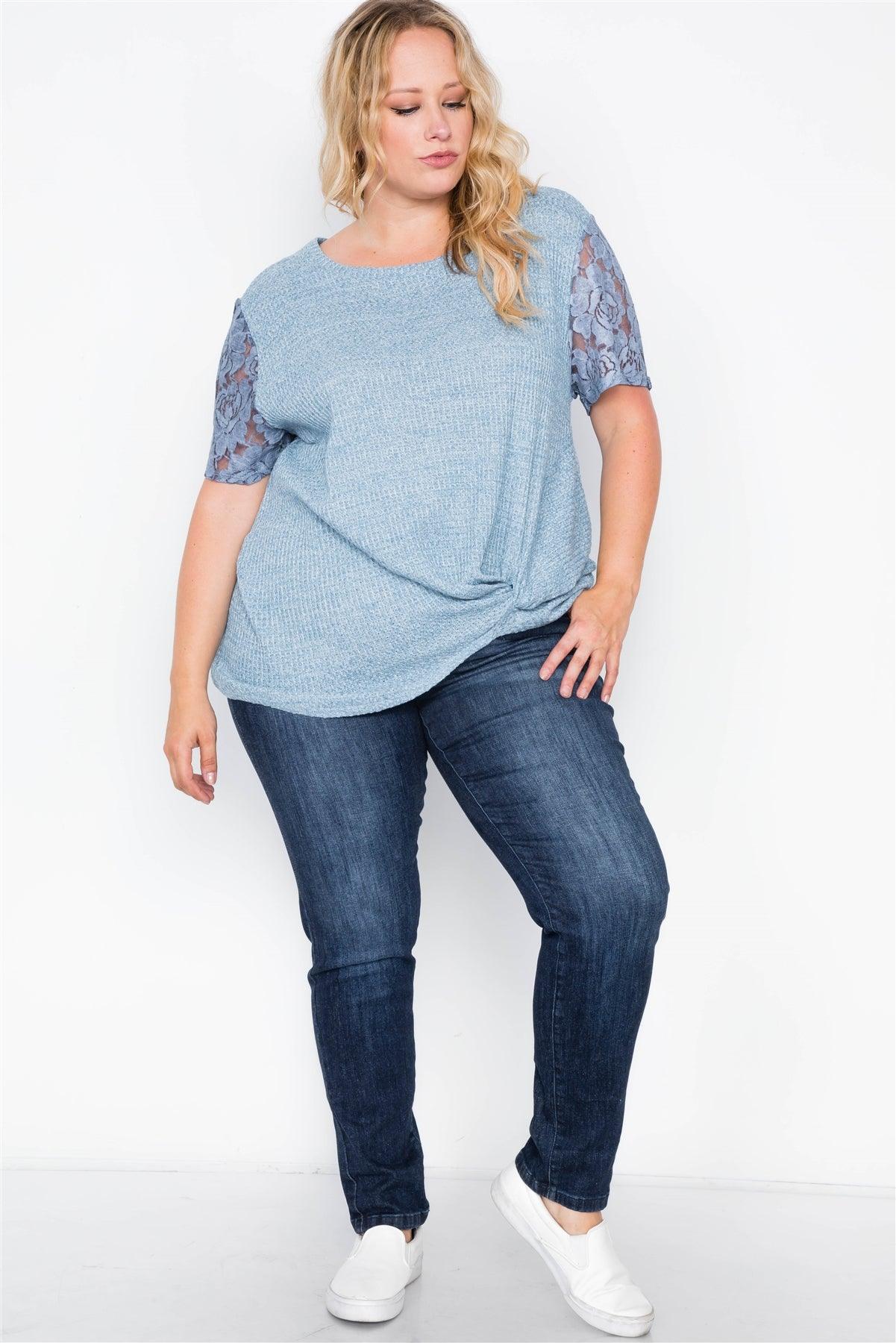 Plus Size Blue Short Lace Sleeves Knit Top