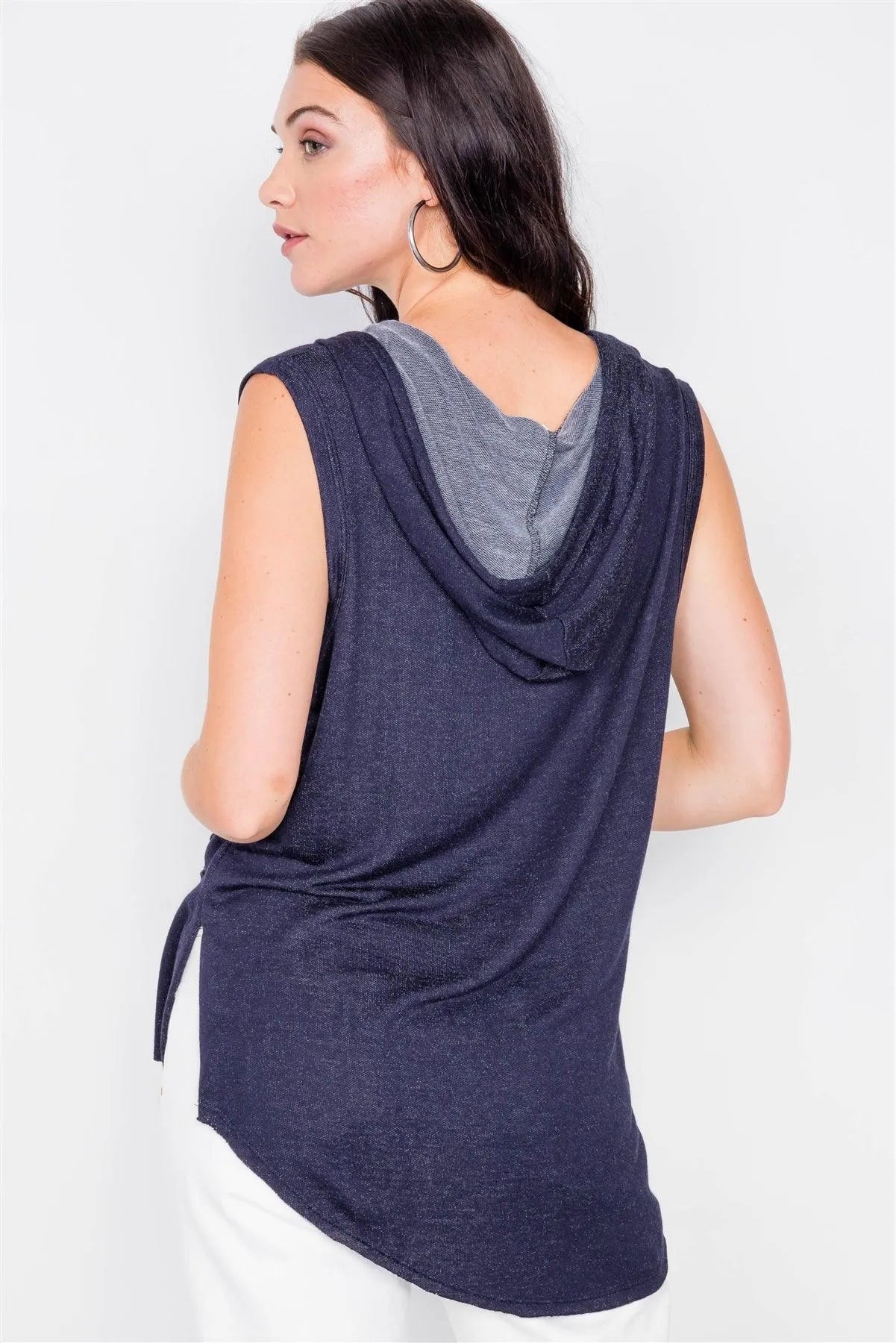 Denim Sleeveless Hooded Front Pocket Muscle Top /2-2-2 - Tasha Apparel Wholesale
