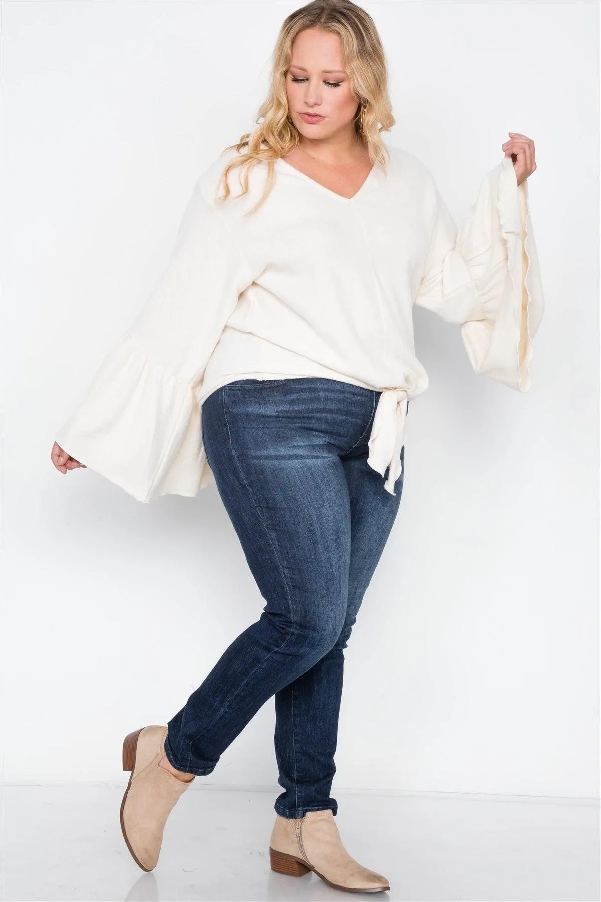 Plus Size Ivory Long Bell Sleeve V-neck Sweater - Tasha Apparel Wholesale