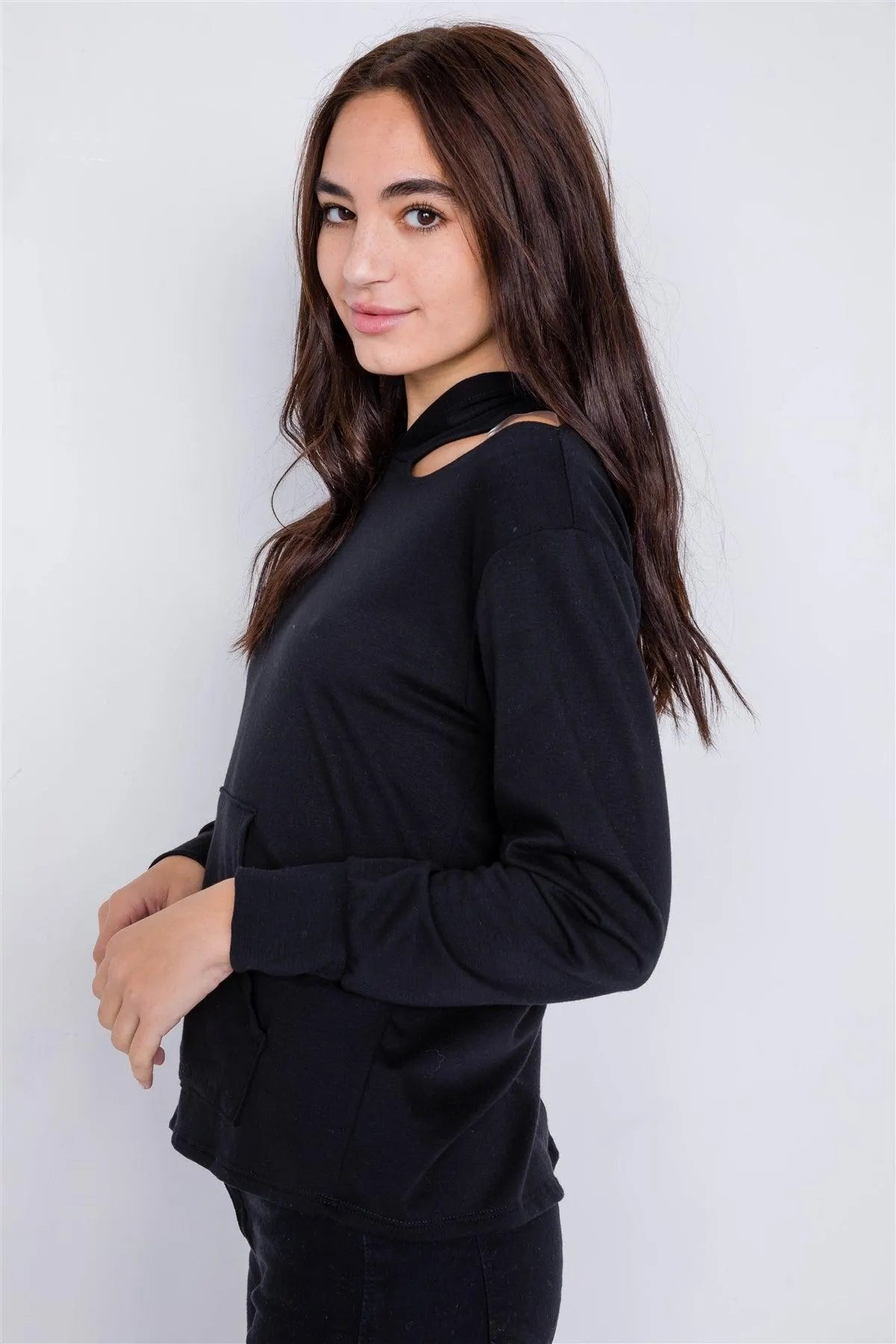 Black Shoulder Cut Out Pull Over Hoodie Relaxed Fit Sweater /2-2-2 - Tasha Apparel Wholesale
