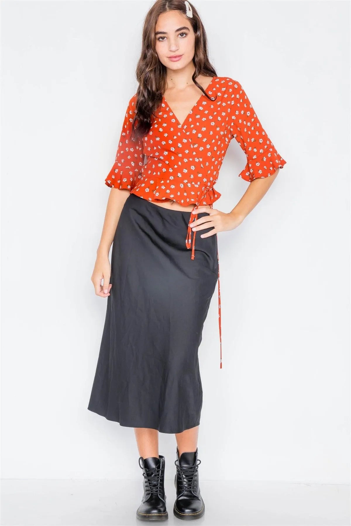 Brick Floral Satin Surplus Wrap Peplum Blouse - Tasha Apparel Wholesale