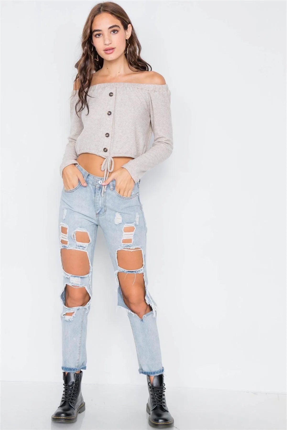 Beige Front Self-Tie Relaxed Fit Off-The-Shoulder Top - Tasha Apparel Wholesale