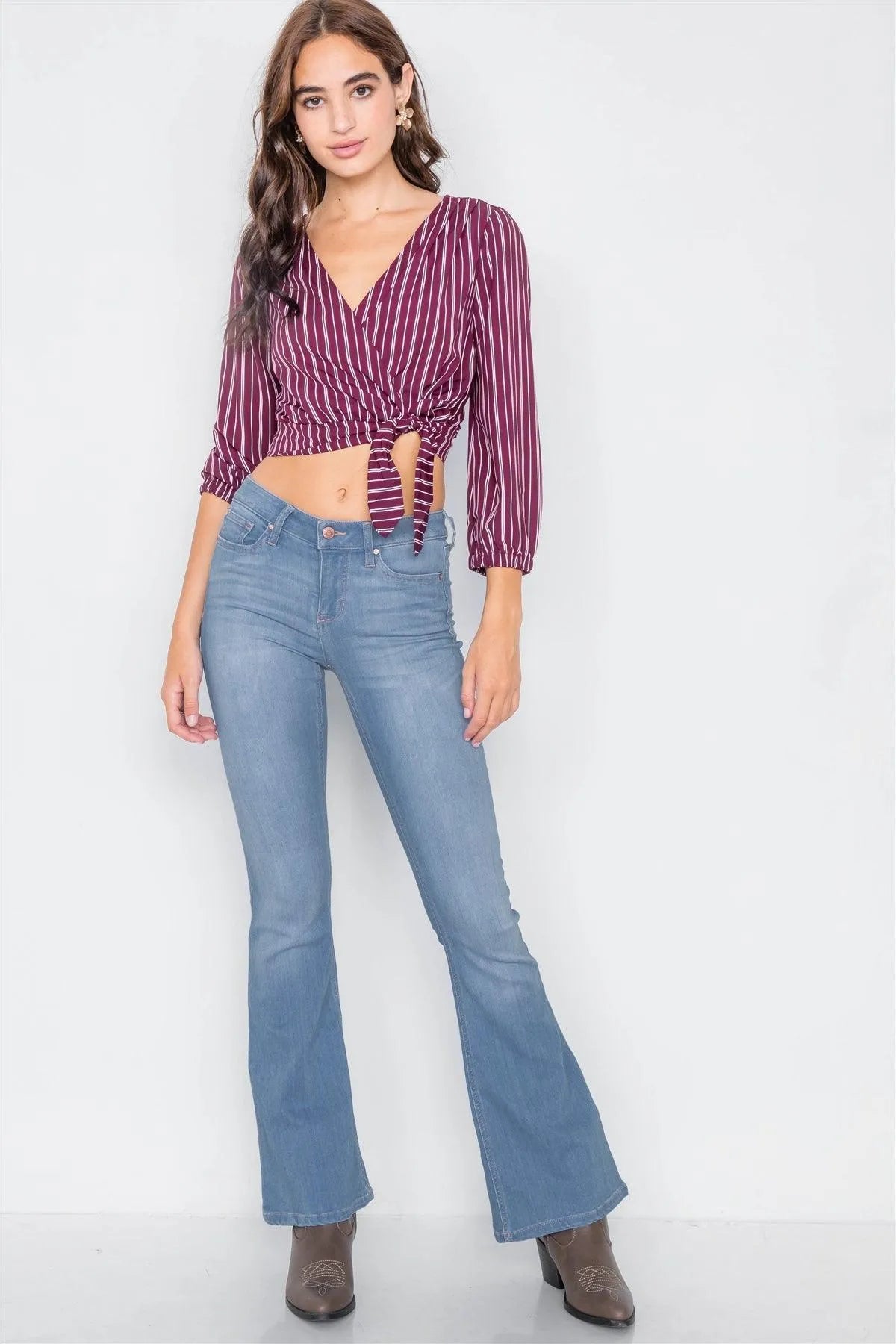 Burgundy & White Stripe Side Bow V-Neck Crop Top /2-2-2 - Tasha Apparel Wholesale