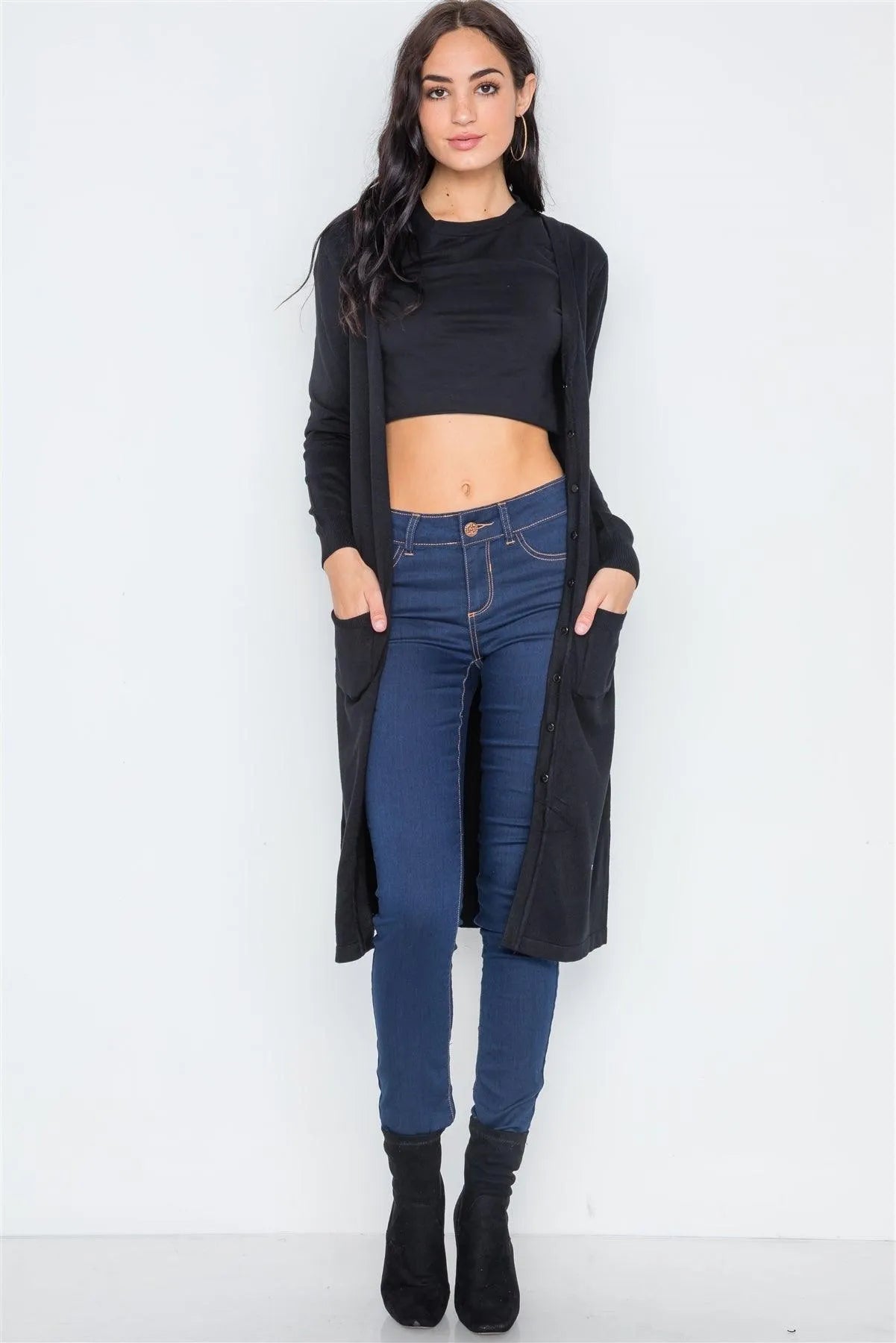 Black Button Front Longline Cardigan /1-2-2-1 - Tasha Apparel Wholesale