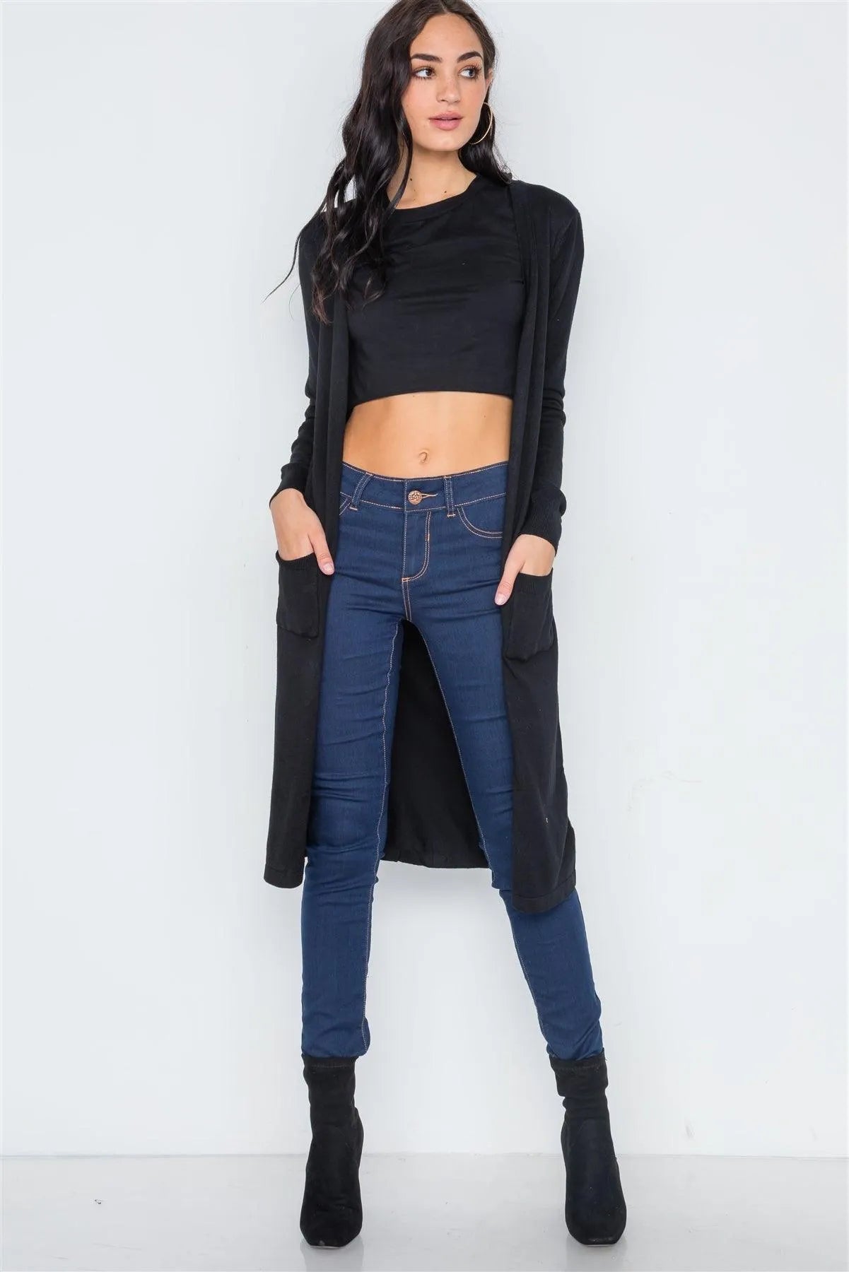Black Button Front Longline Cardigan /3-2-1 - Tasha Apparel Wholesale