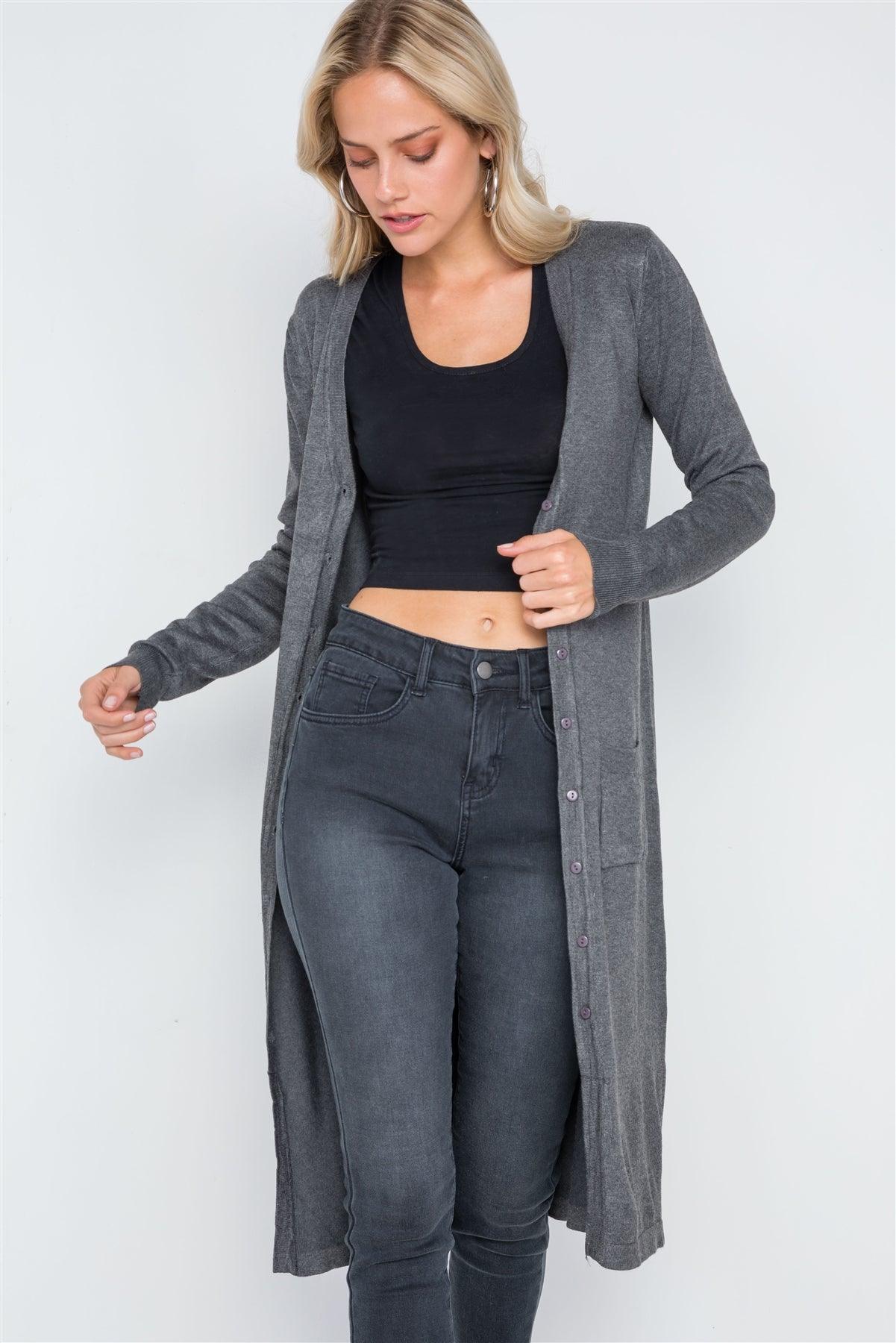 Charcoal Button Front Longline Cardigan