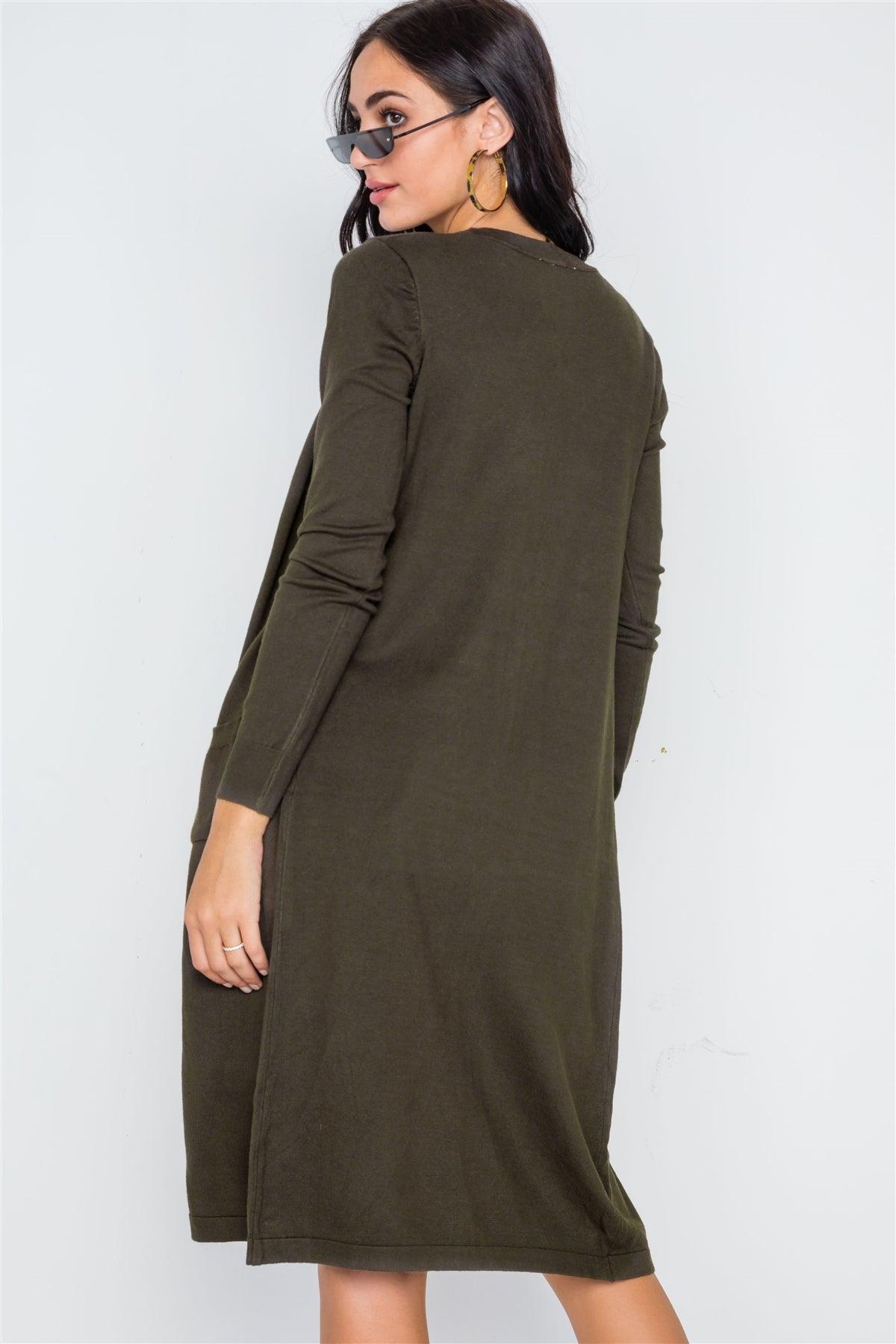 Olive Button Front Longline Cardigan