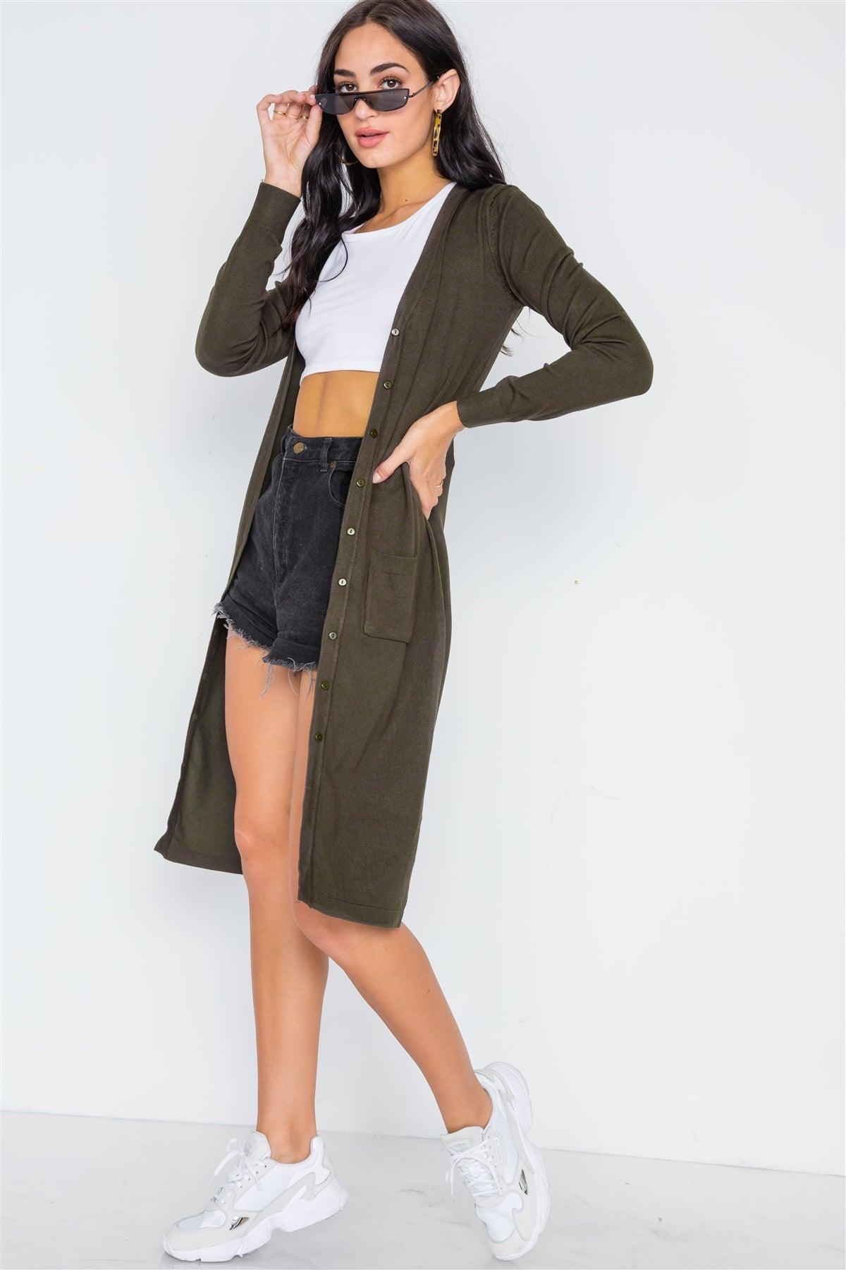 Olive Button Front Longline Cardigan
