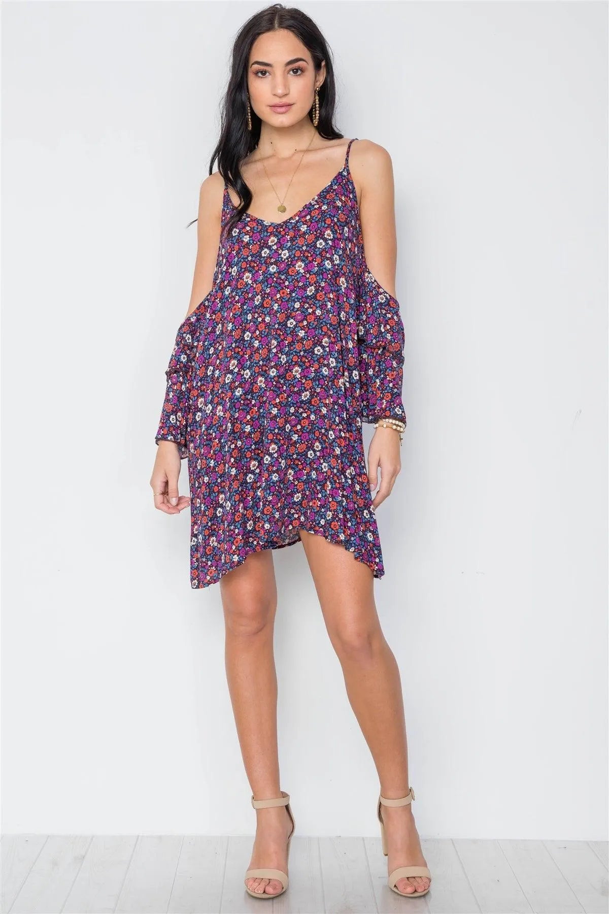 Boho Floral Print Cold Shoulder Bell Sleeves Mini Dress /2-2-2 - Tasha Apparel Wholesale