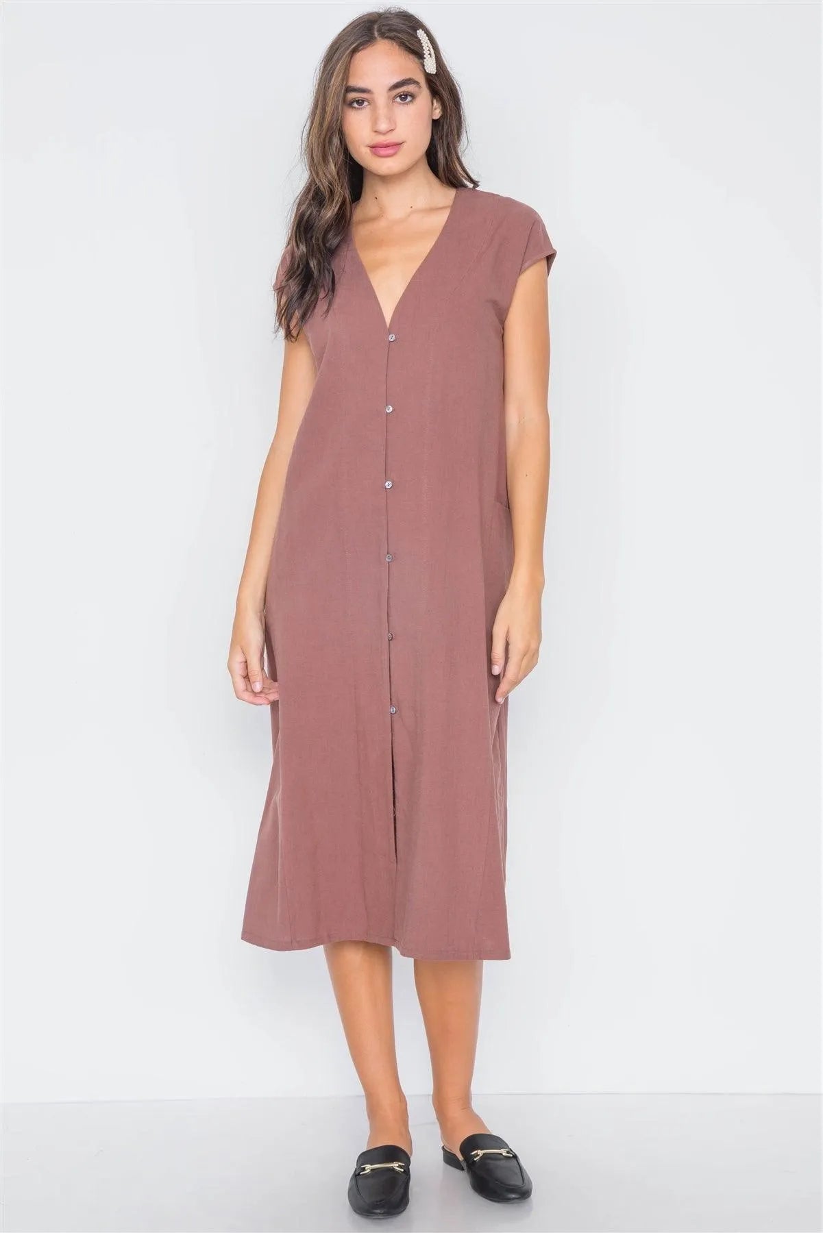 Marsala Button Down Sleeveless Midi Dress - Tasha Apparel Wholesale