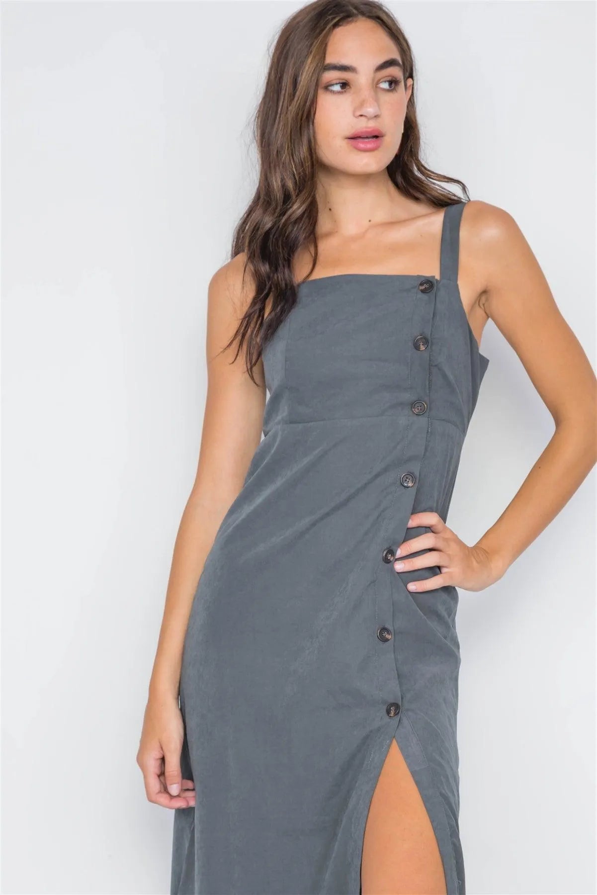 Dark Forest Crushed Button-Front Midi Dress - Tasha Apparel Wholesale