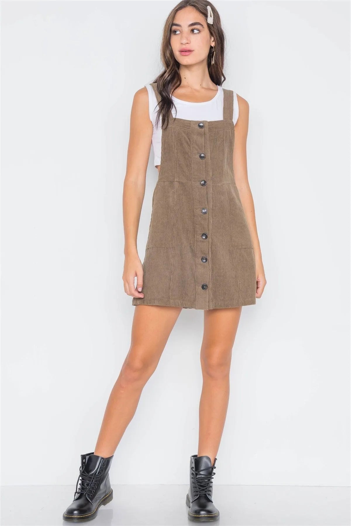 Umber Corduroy Overall Button-Front Mini Dress /3-2-1 - Tasha Apparel Wholesale