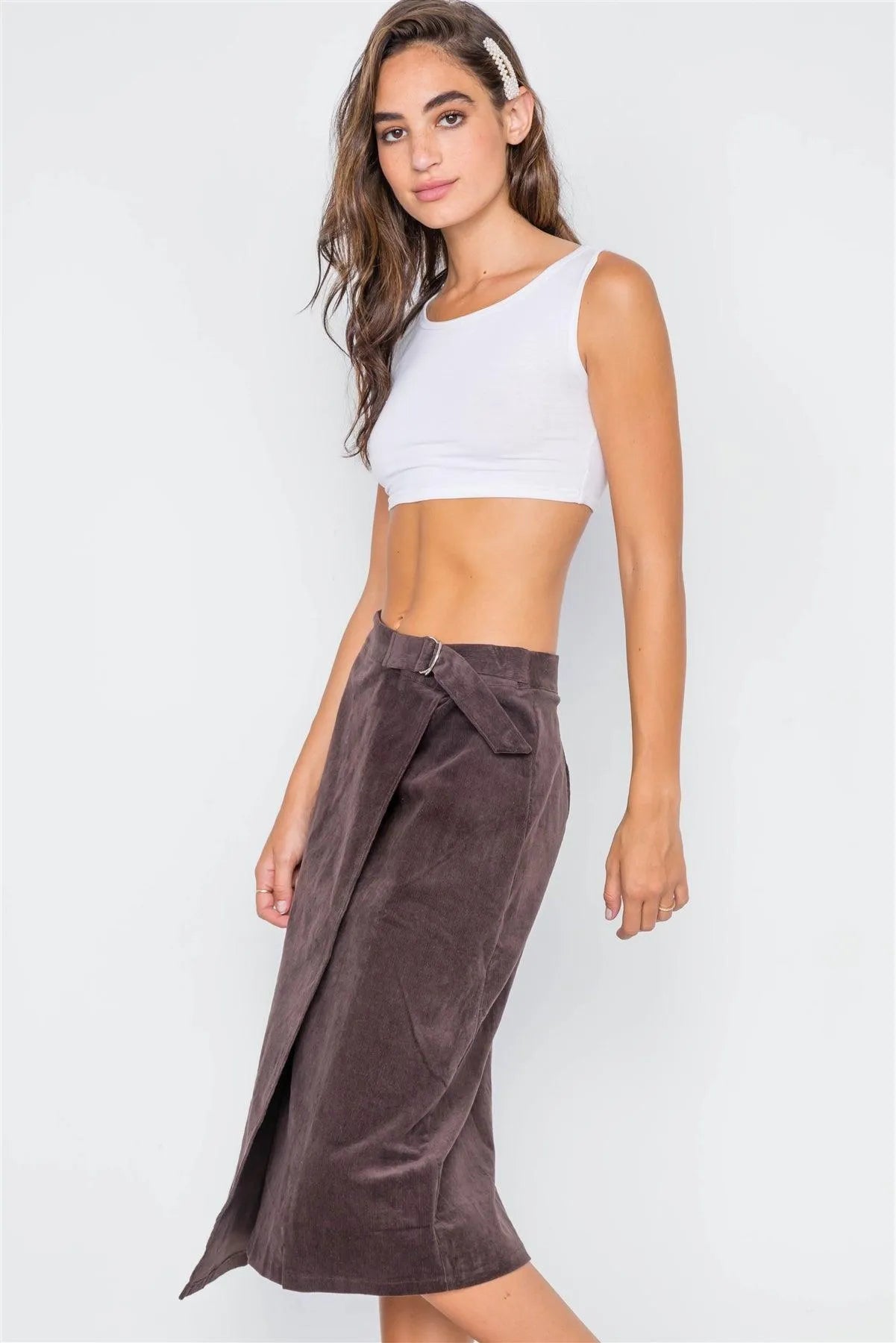 Brown Corduroy Asymmetrical Front Midi Skirt / 3-2-1 - Tasha Apparel Wholesale