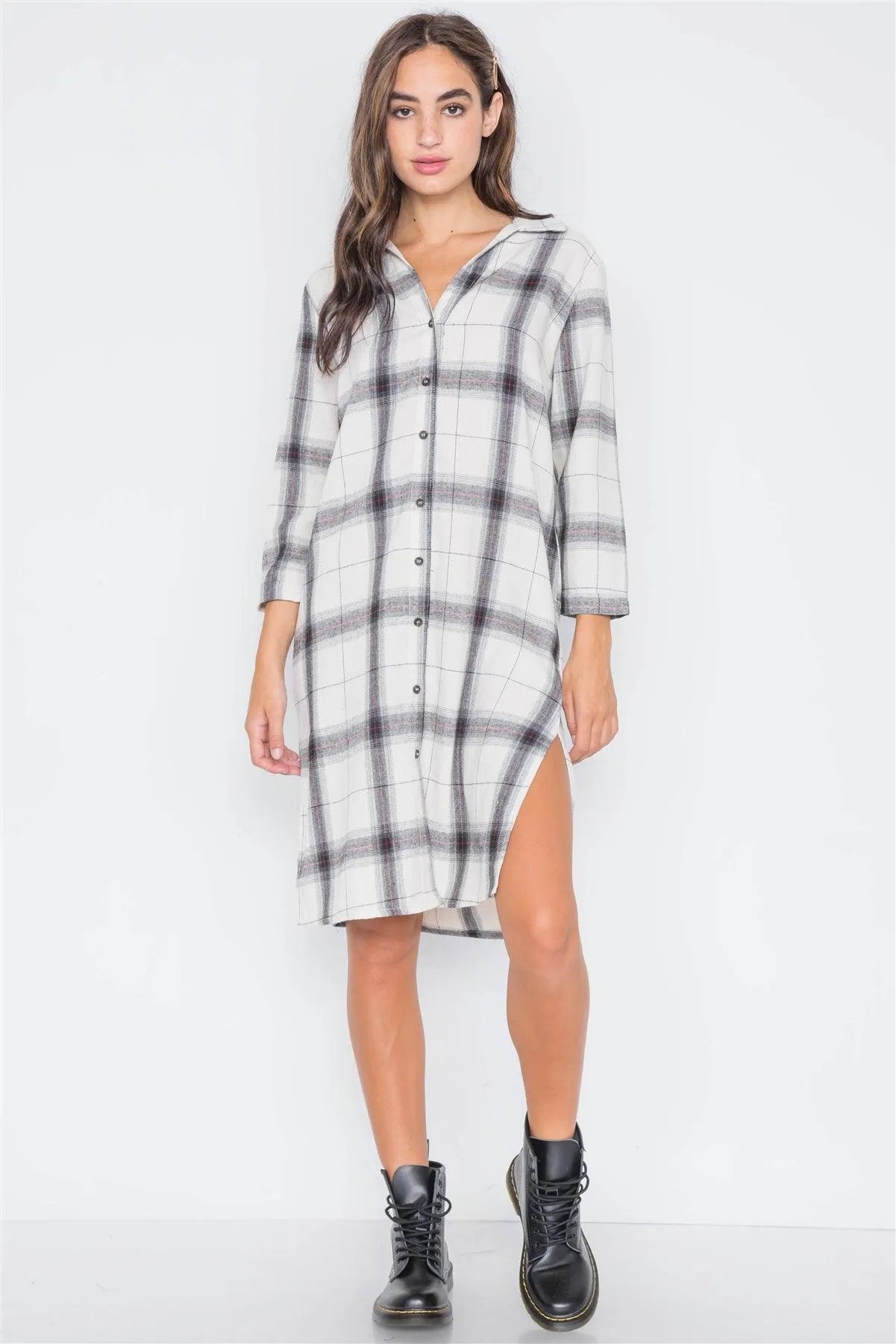 Ivory Plaid Button Down Casual Shirt Dress /2-2-1 - Tasha Apparel Wholesale
