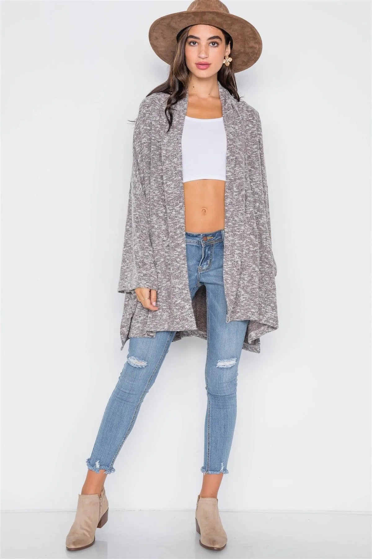 Redwood Heathered Open Front Soft Casual Cardigan /4-2 - Tasha Apparel Wholesale