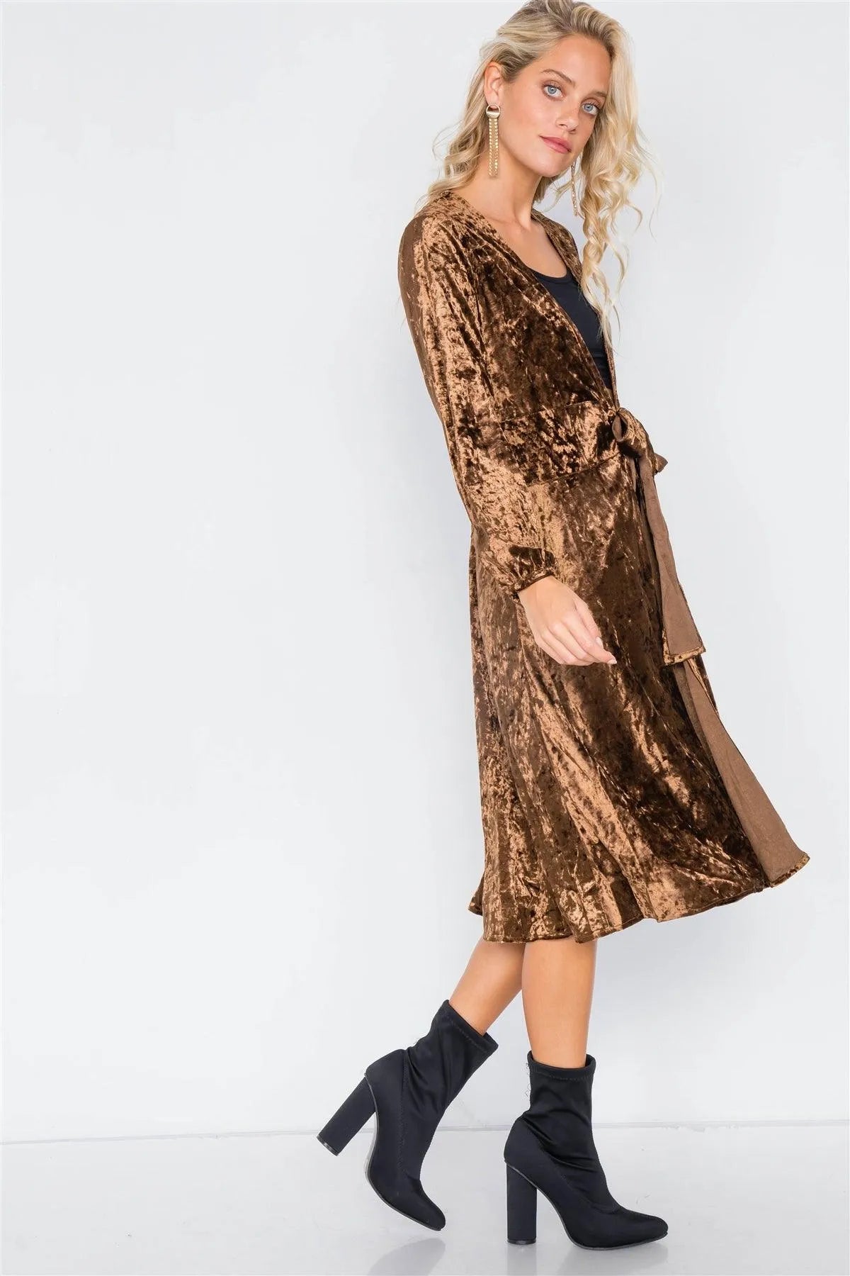 Coffee Crushed Velvet Front Bow Tie Jacket /3-2-1 - Tasha Apparel Wholesale