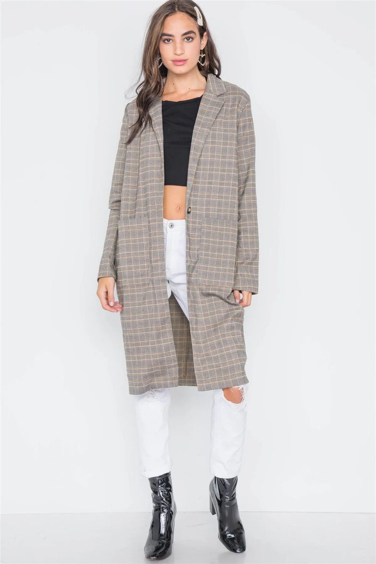 Bark Grey Plaid Single Button Long Sleeve Blazer /3-2-1 - Tasha Apparel Wholesale