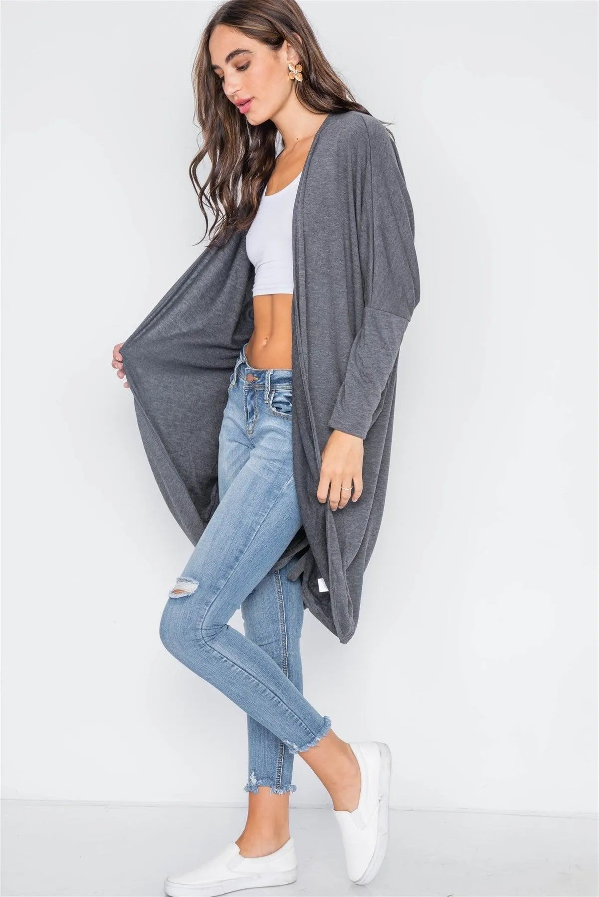 Charcoal Dolman Sleeves Circled Hem Cardigan / 4-2 - Tasha Apparel Wholesale